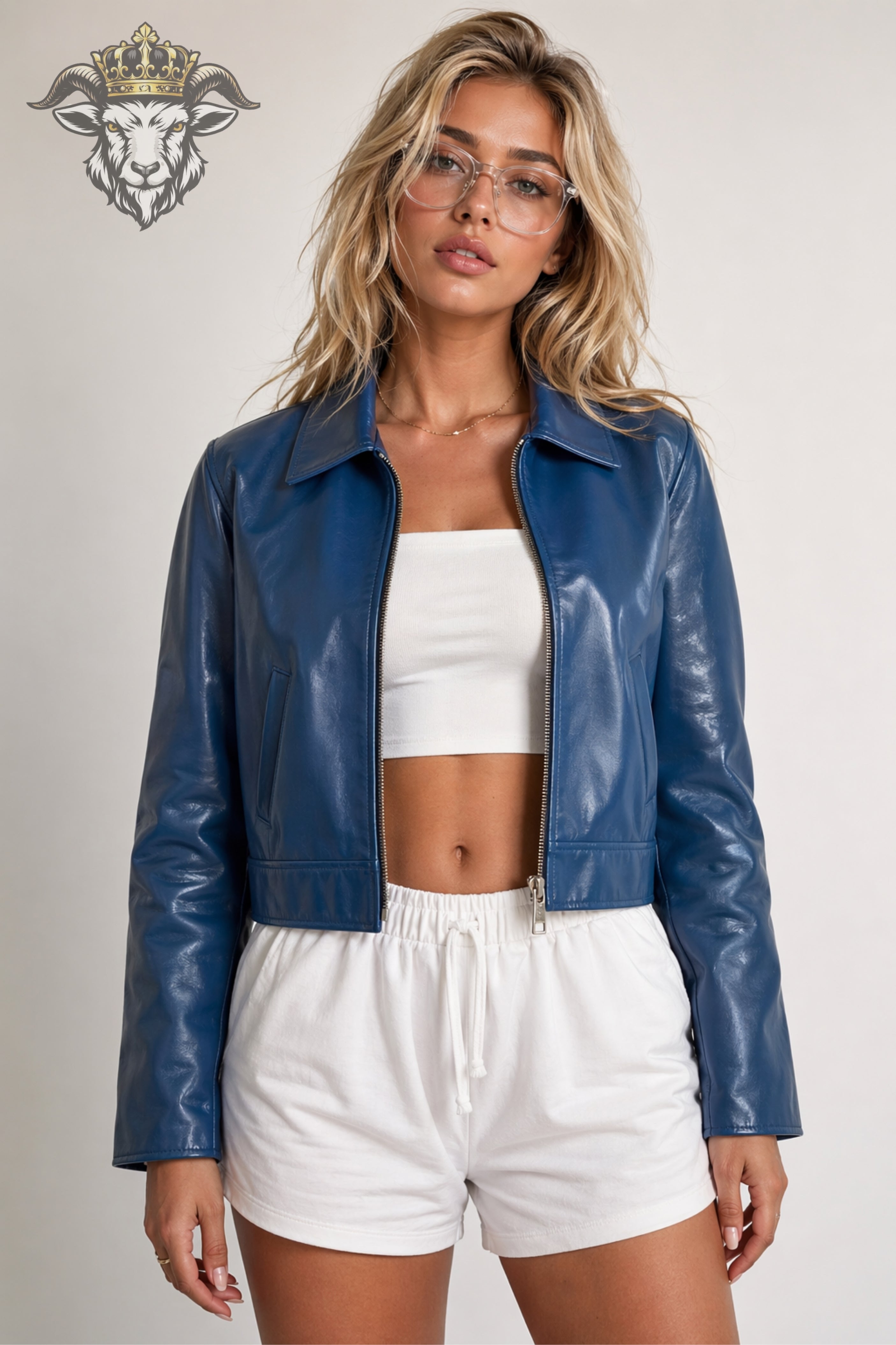 Women’s Blue Real Leather Cropped Jacket