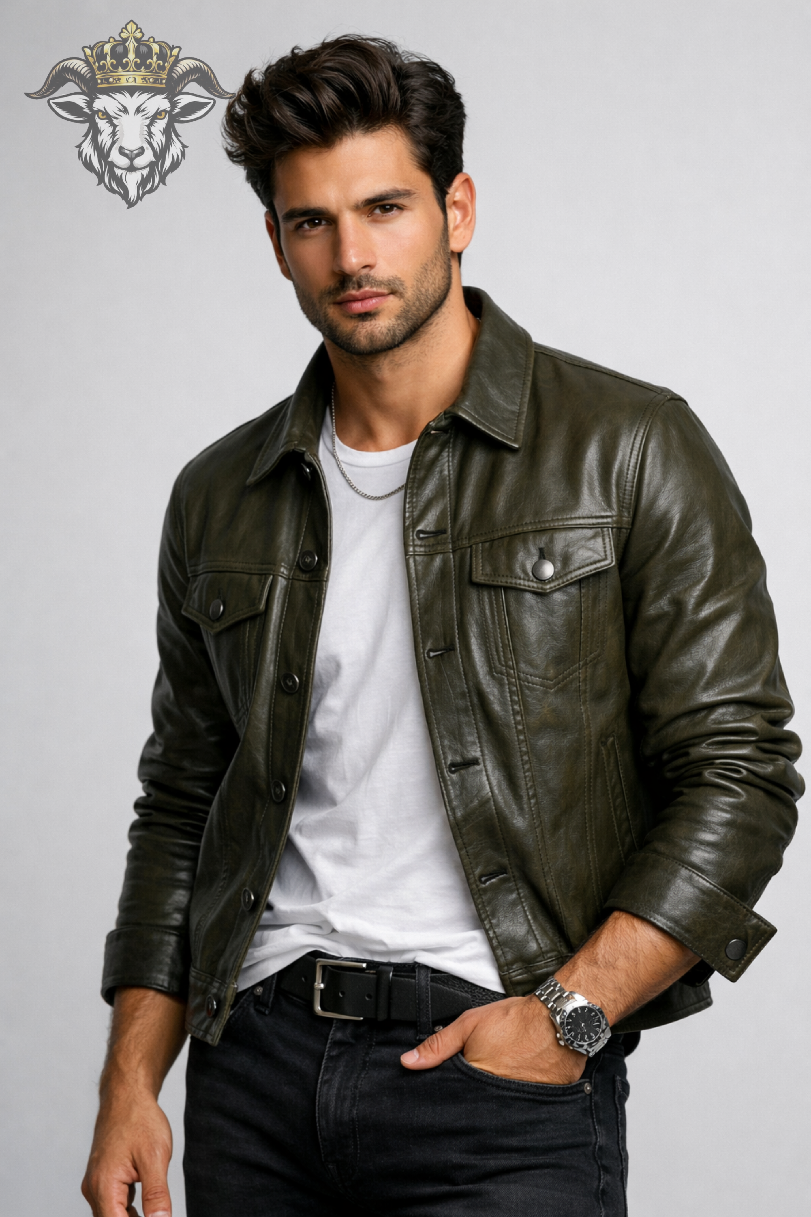 Men’s Olive Green Real Leather Trucker Jacket