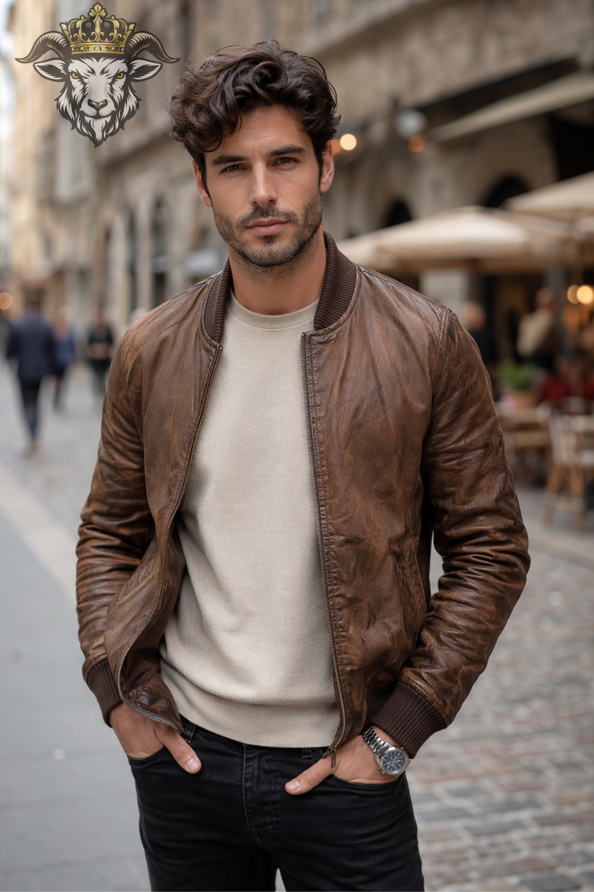 Men's Distressed Brown Leather Bomber Jacket, Vintage Aviator Style Jacket, Weathered Leather Coat, Ribbed Collar Casual Outerwear