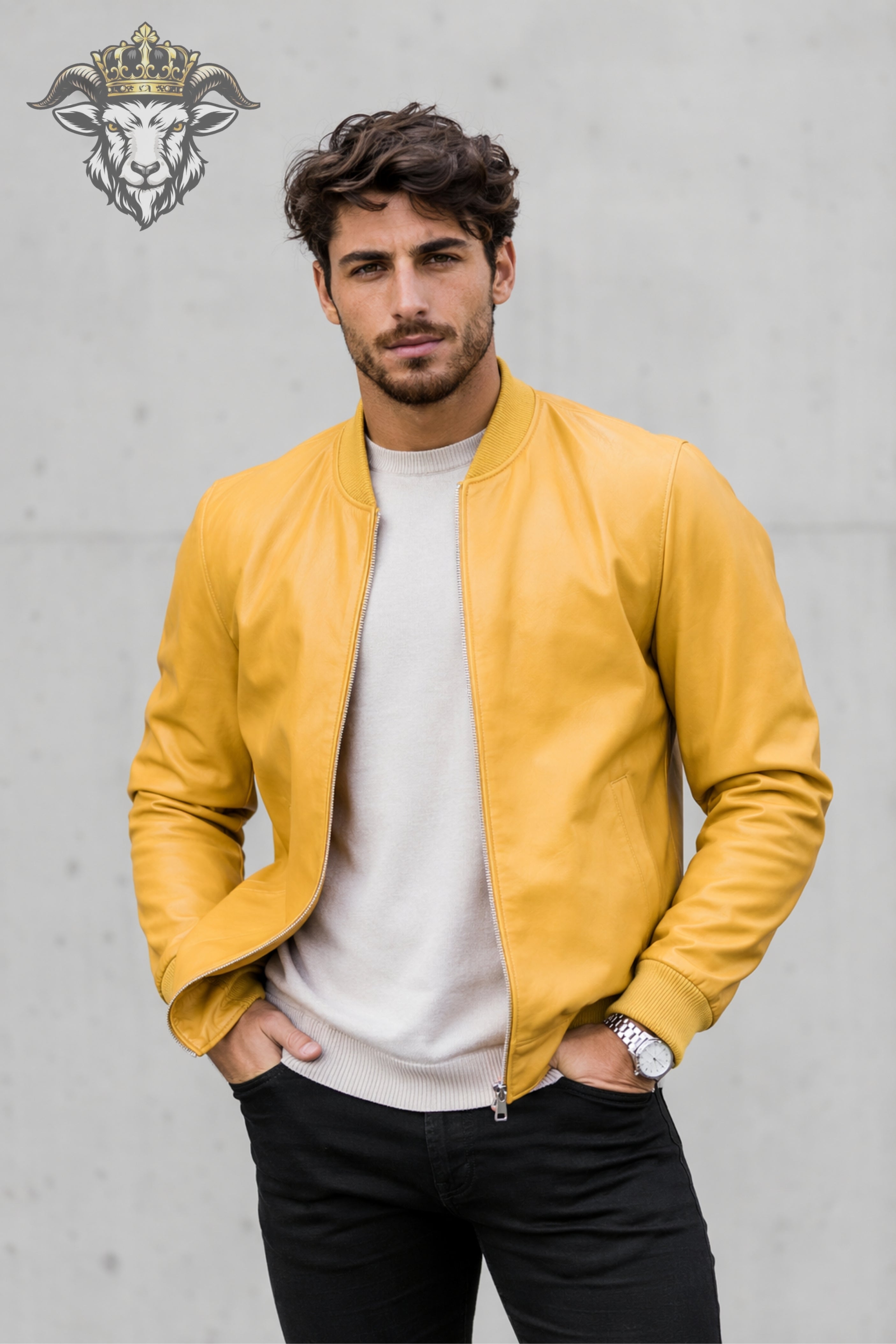 Men’s Yellow Real Leather Bomber Jacket