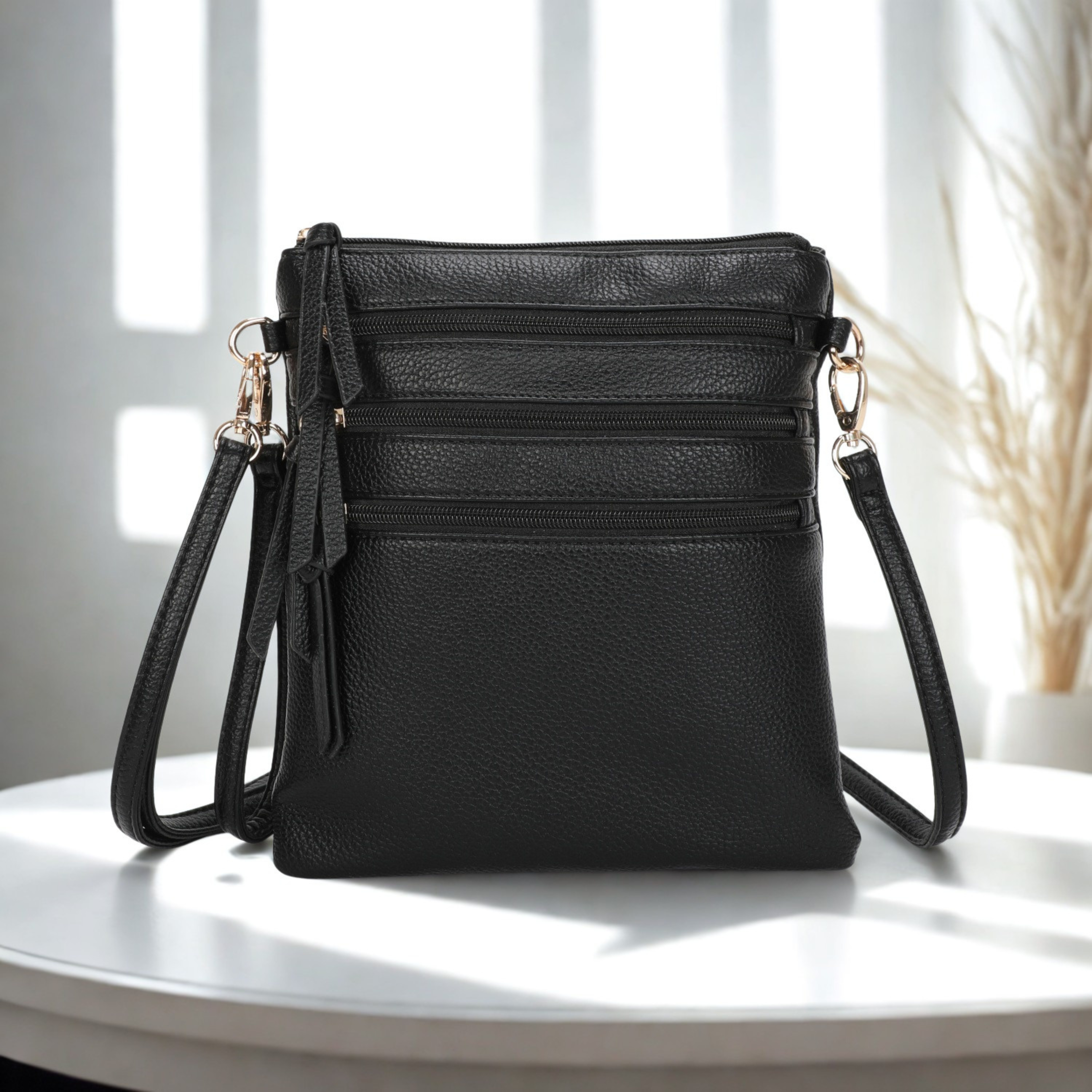 Women’s Multi Zip Crossbody Bag – Slim Synthetic Shoulder Bag with Adjustable Strap
