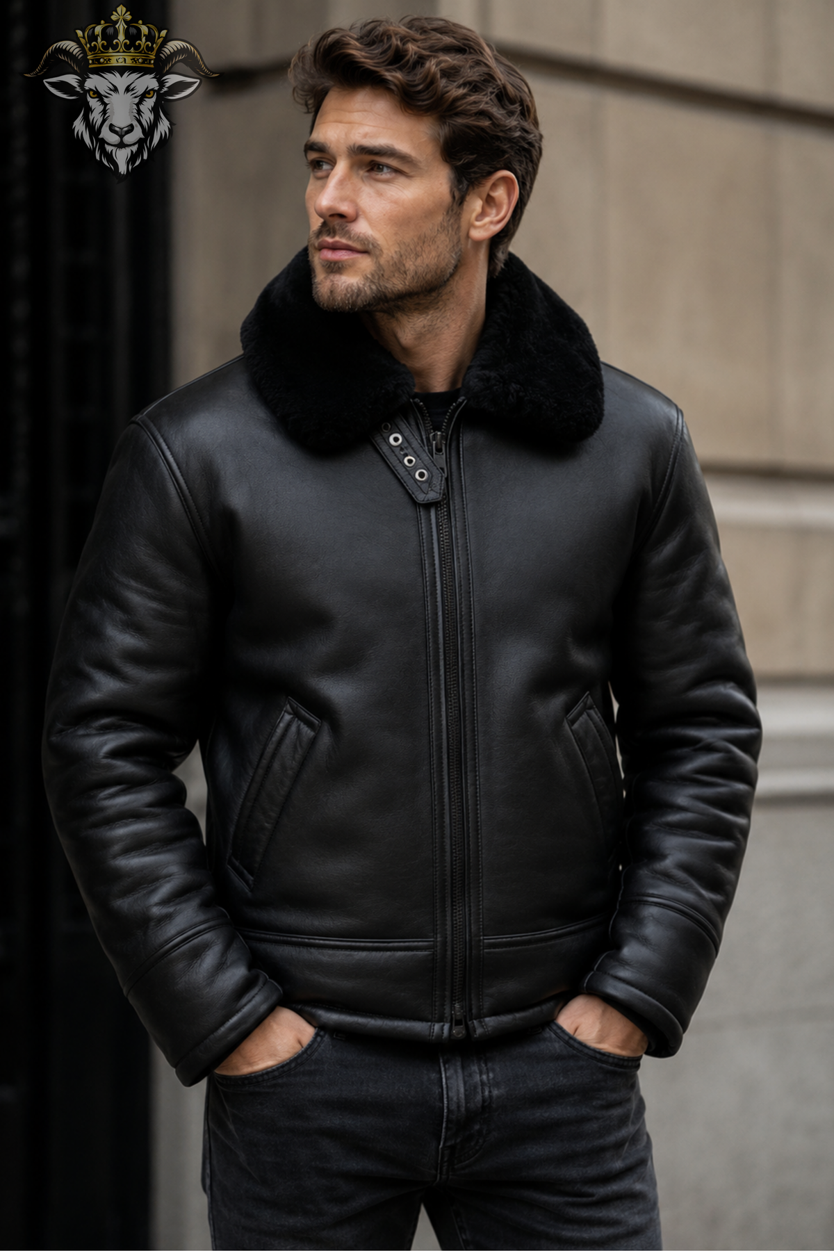 Men's Black Shearling Leather Jacket, Genuine Leather Bomber Jacket, Faux Fur Collar Aviator Jacket, Winter Motorcycle Coat