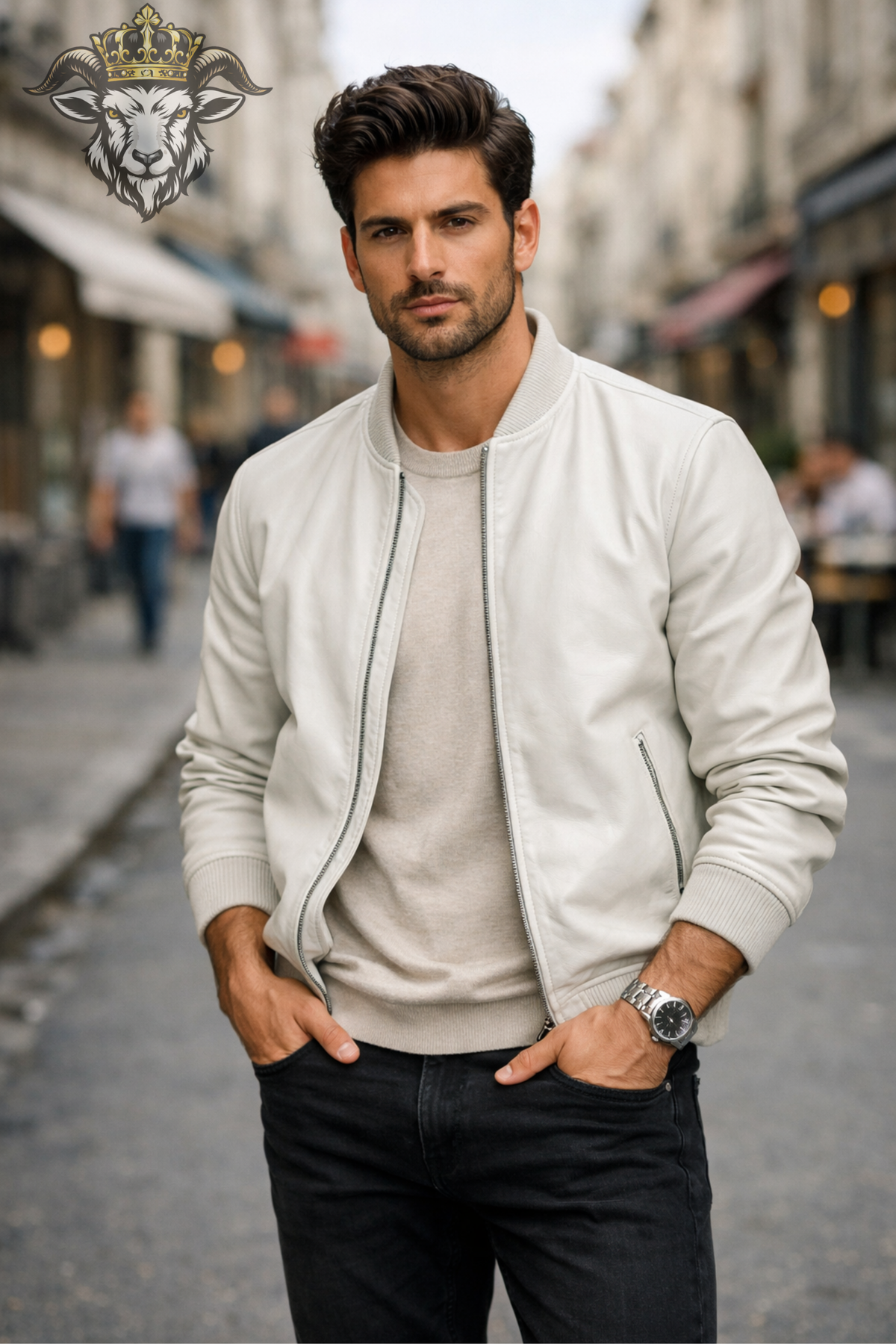 Men's White Leather Bomber Jacket, Minimalist Ribbed Zip Up Jacket, Modern Casual Streetwear Outerwear