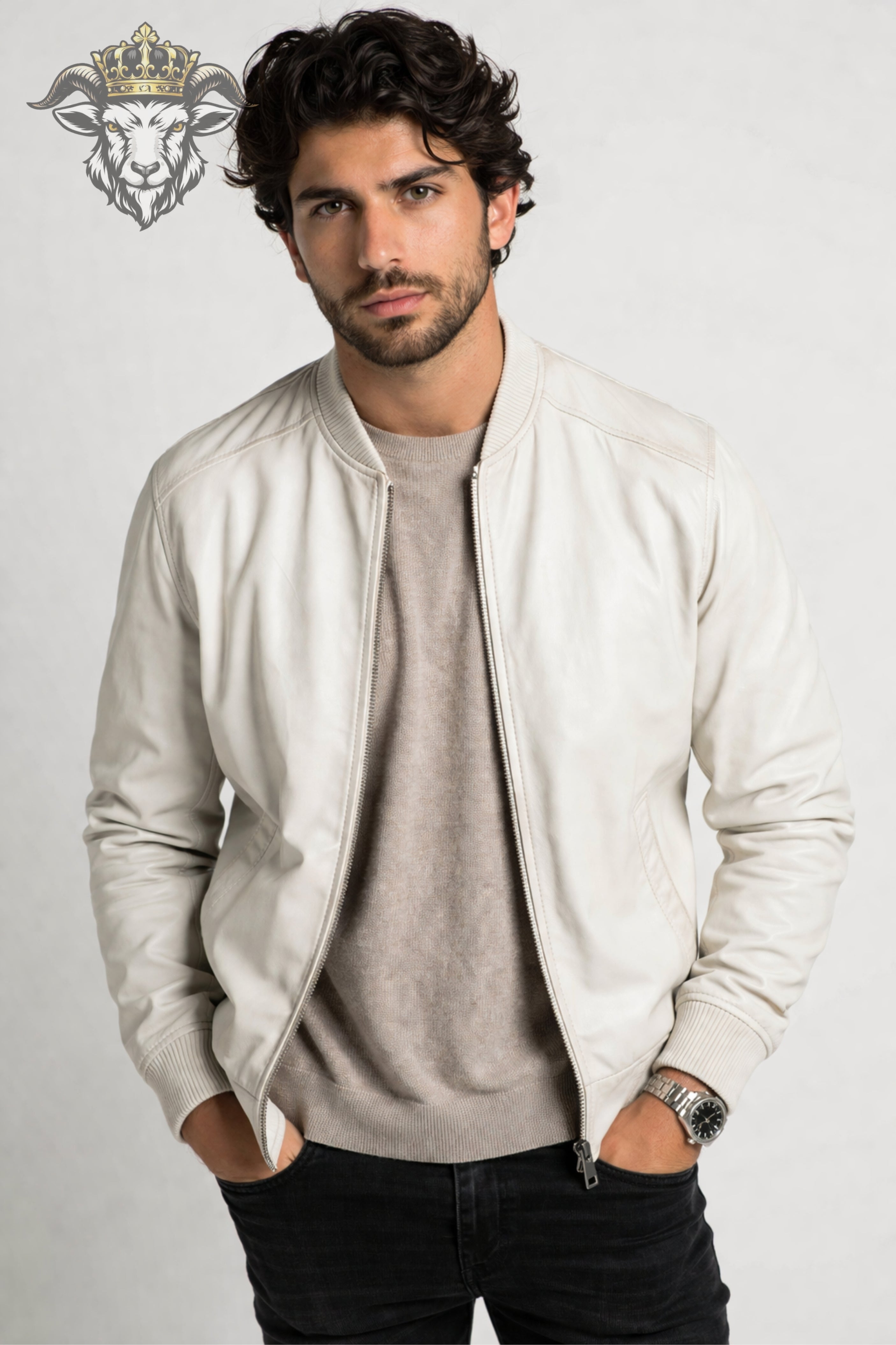 Men’s White Leather Bomber Jacket