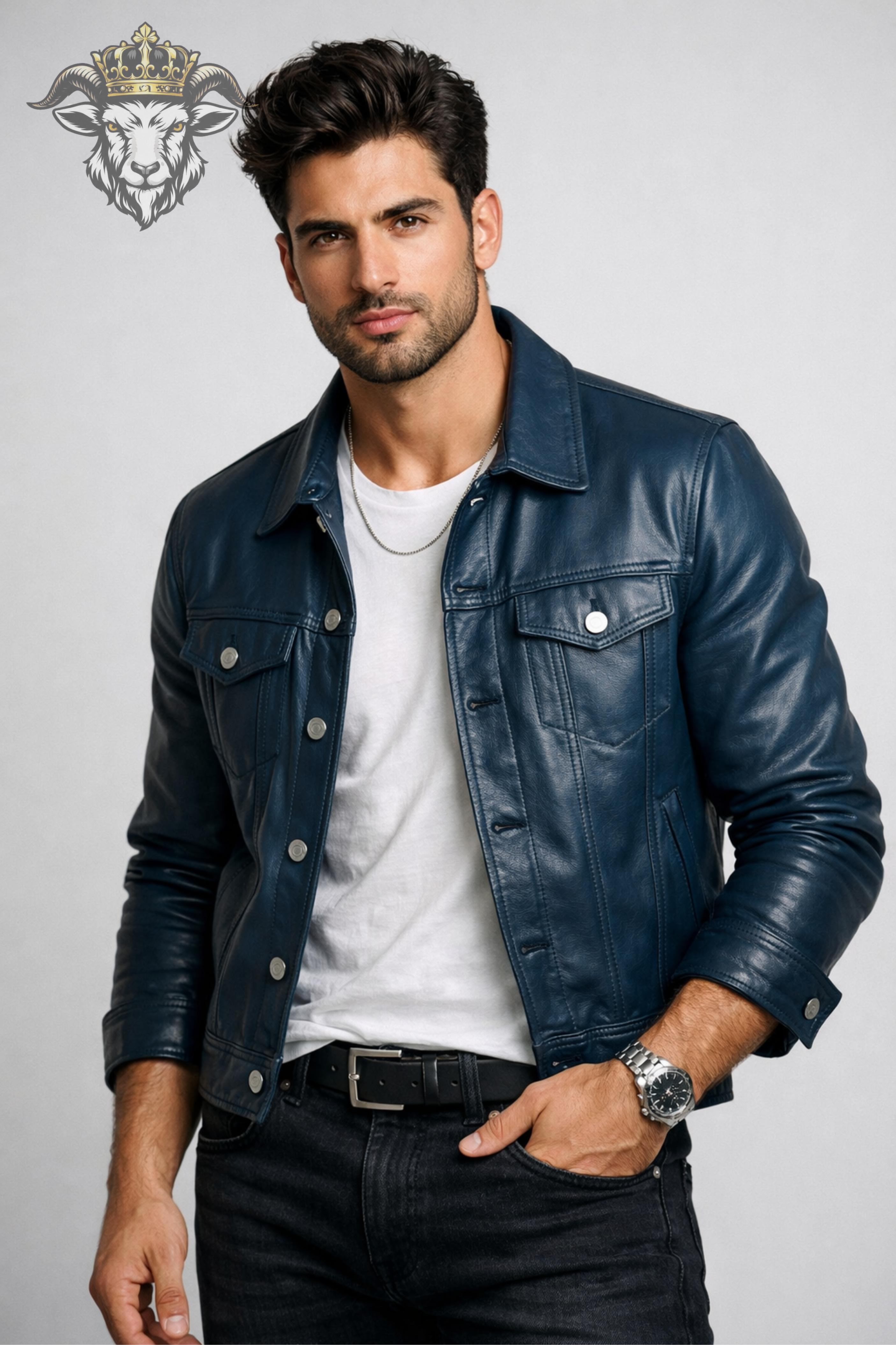 Men’s Blue Real Leather Trucker Jacket