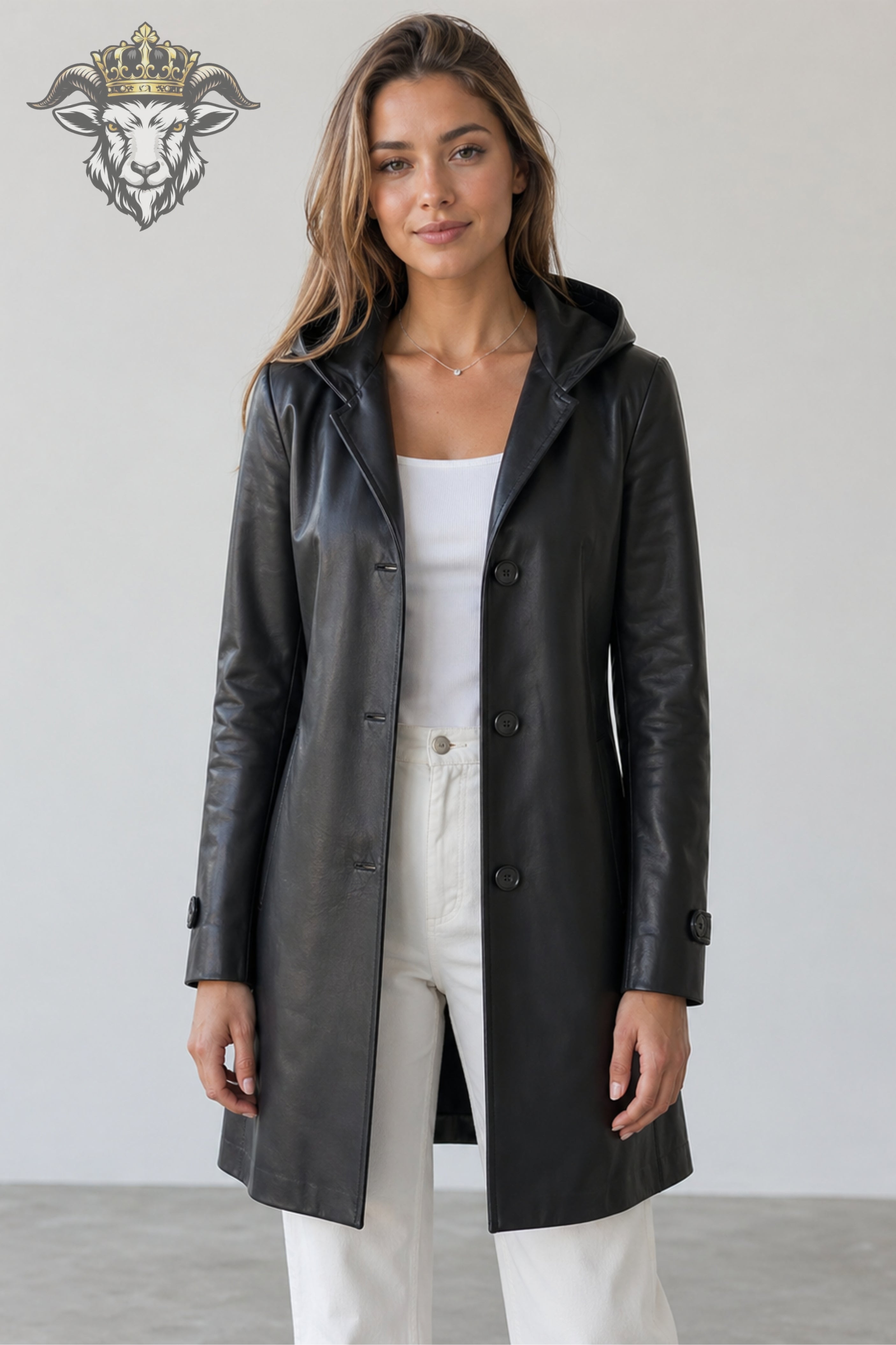 Women’s Black Real Leather Hooded Coat