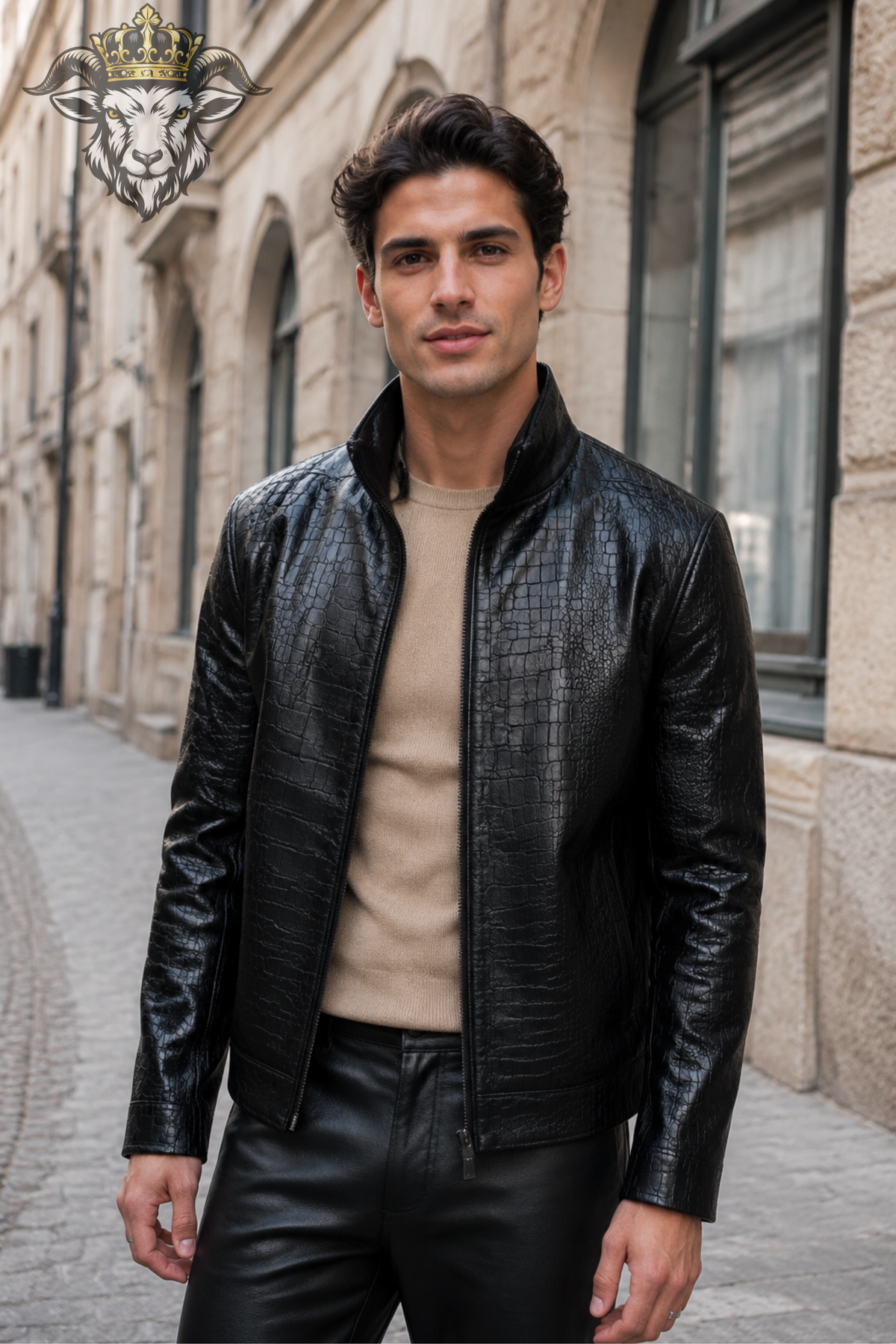 Men’s Black Crocodile Embossed Leather Jacket – Premium Textured Zip-Up Stand Collar Jacket