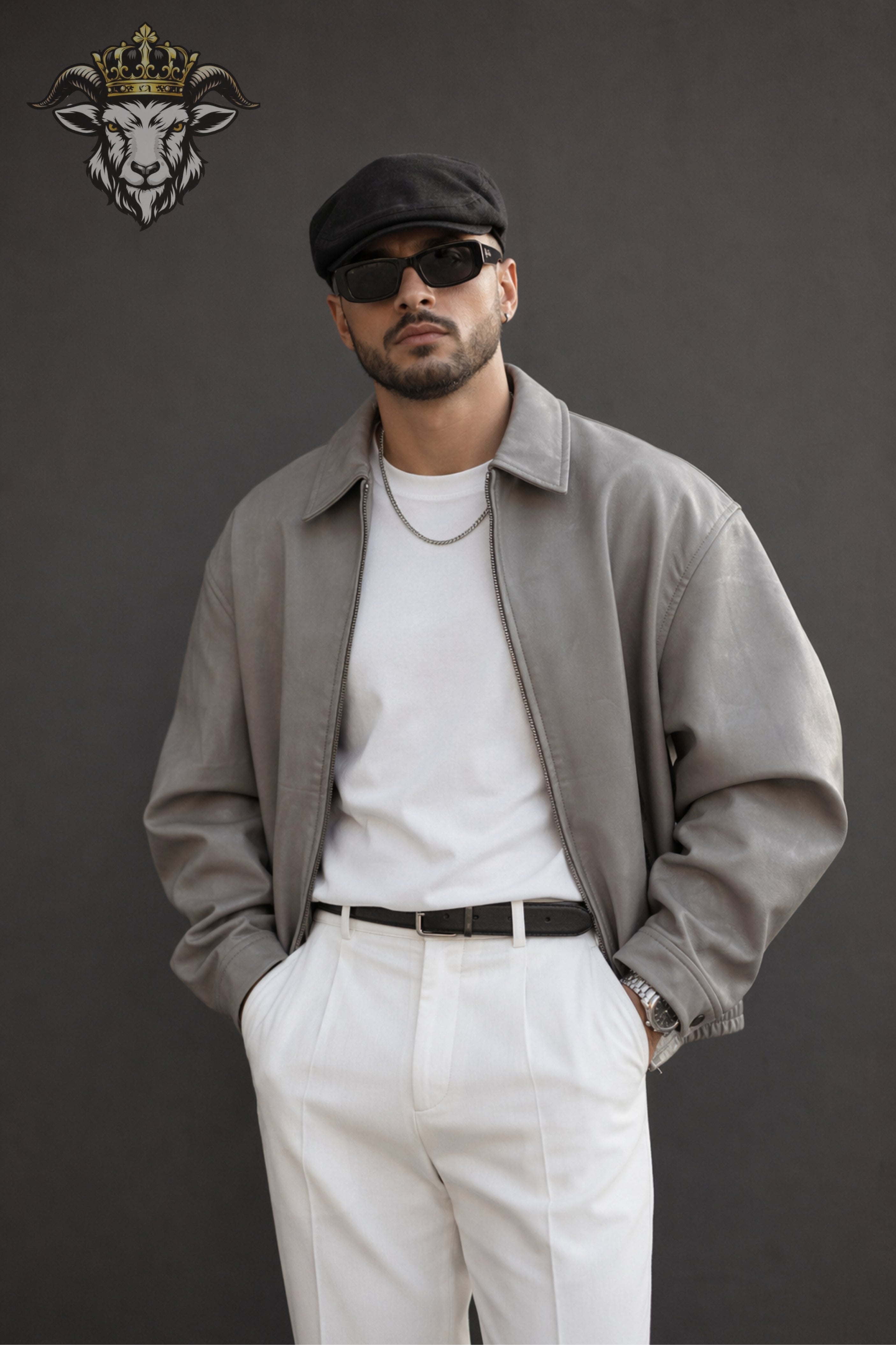 Men’s Light Grey Oversize Real Leather Bomber Jacket
