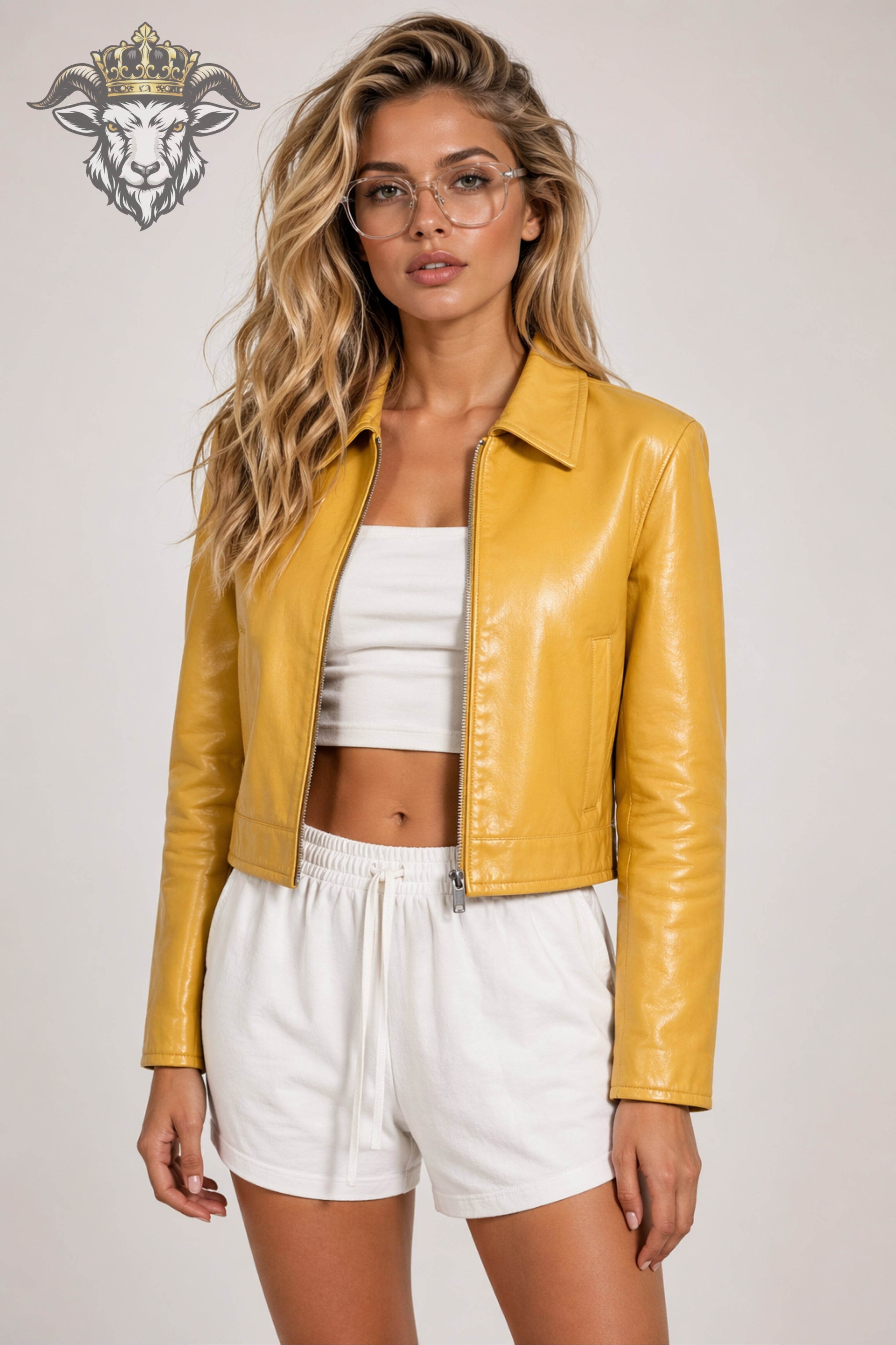 Women’s Yellow Real Leather Cropped Jacket