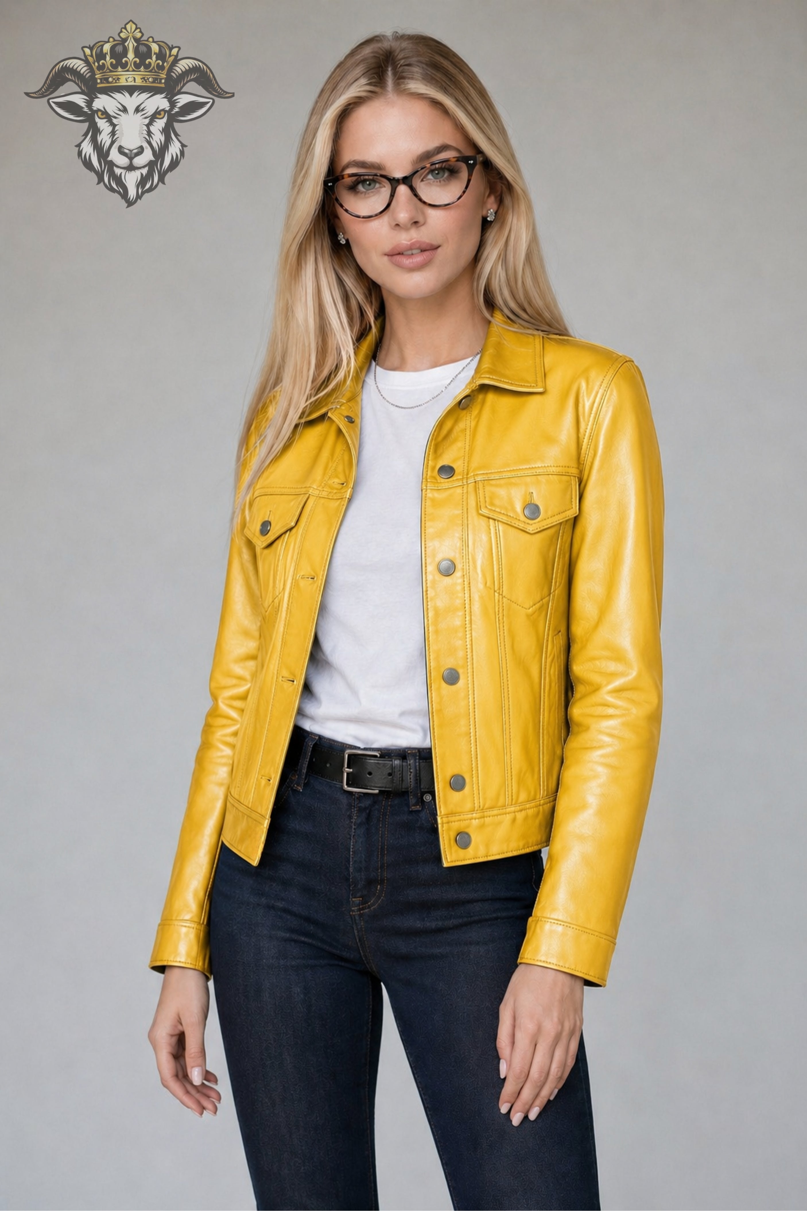 Women’s Yellow Real Leather Trucker Jacket