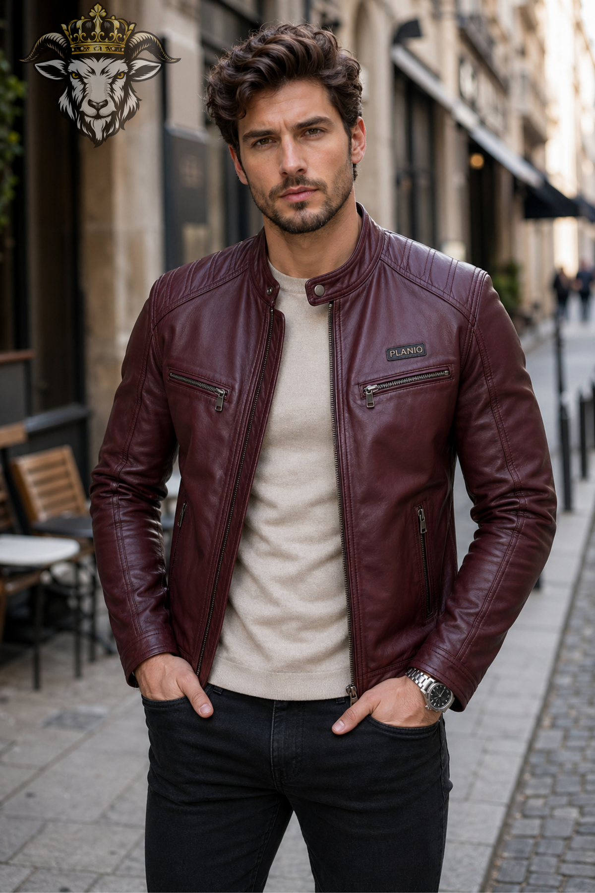 Men's Burgundy Real Leather Biker Jacket – Slim Fit Cafe Racer Motorcycle Jacket, PLANIO Quilted Moto Jacket for Men