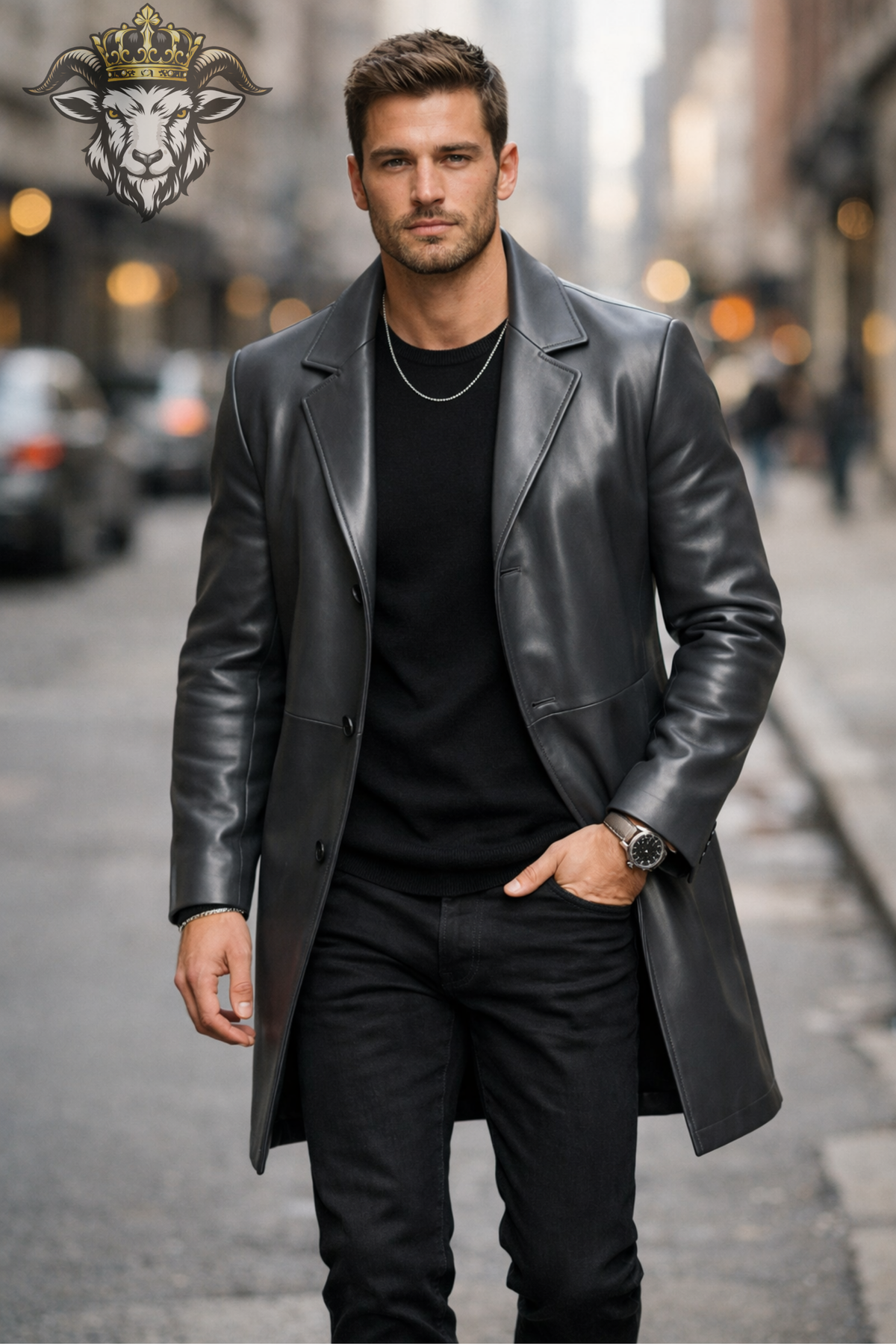 Men's Grey Leather Overcoat, Tailored Button Front Coat, Classic Lapel Long Jacket, Modern Minimalist Outerwear