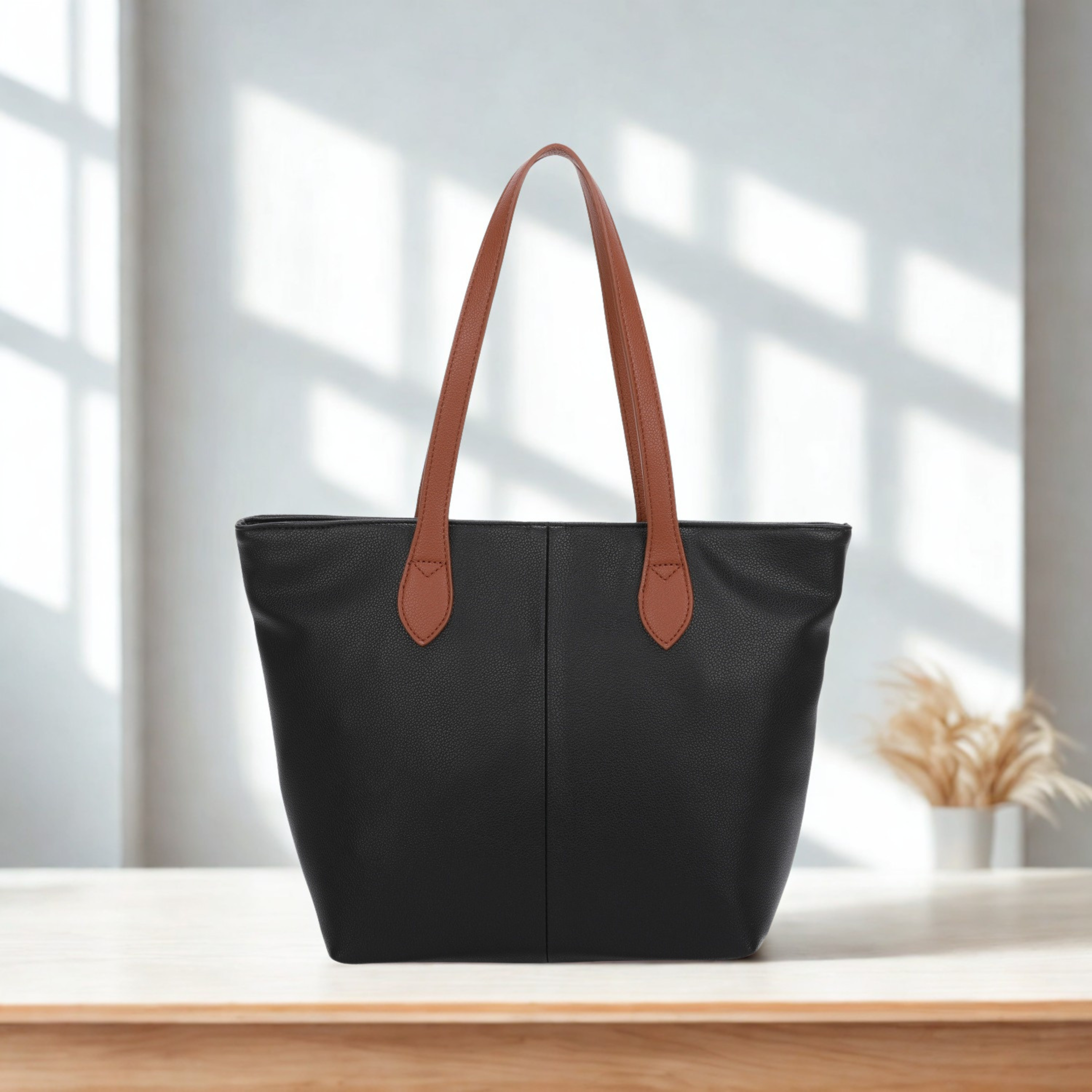 Women’s Large Tote Shoulder Bag Synthetic Handbag with Zip Top & Contrast Straps