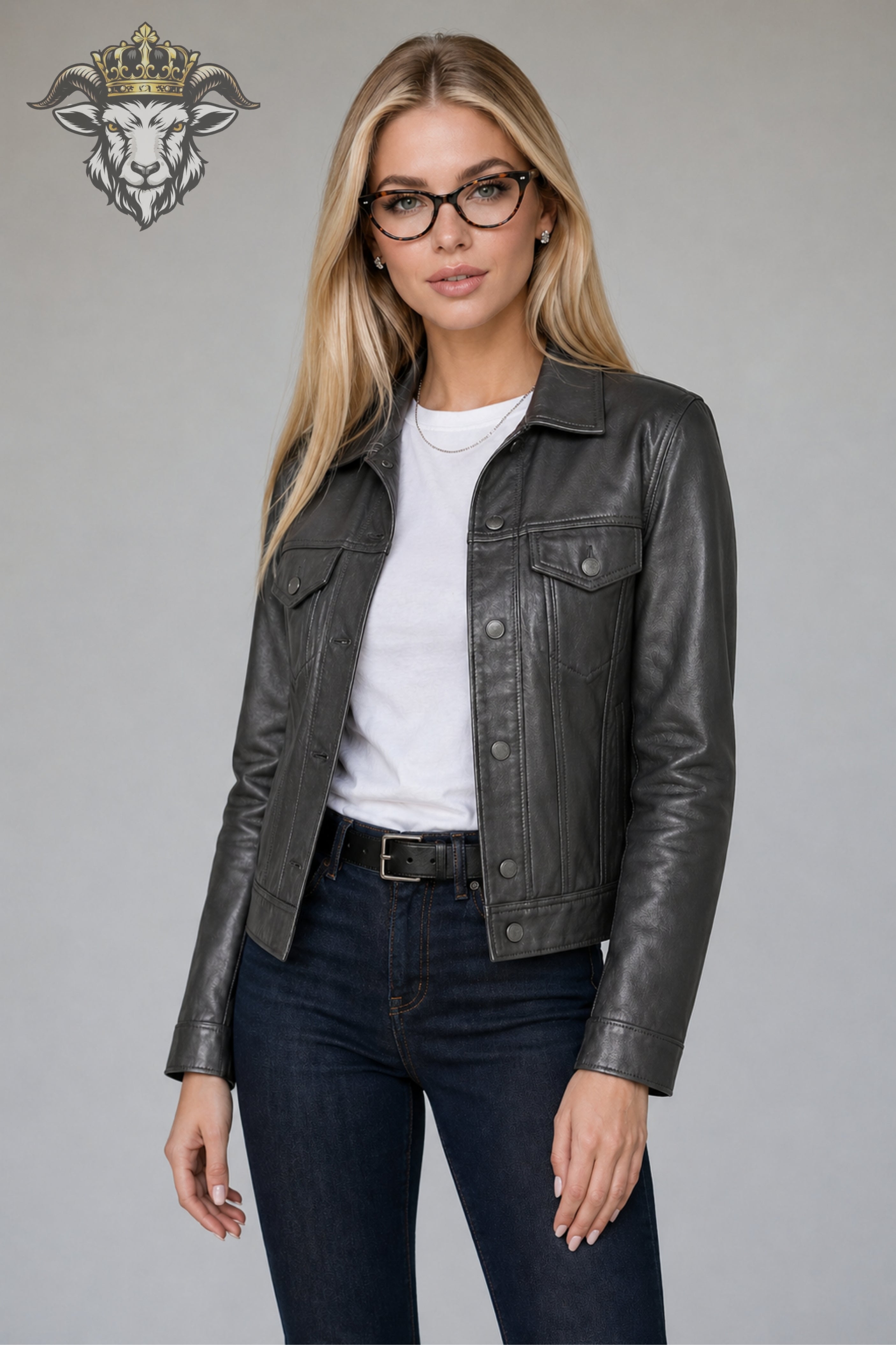 Women’s Charcoal Real Leather Trucker Jacket