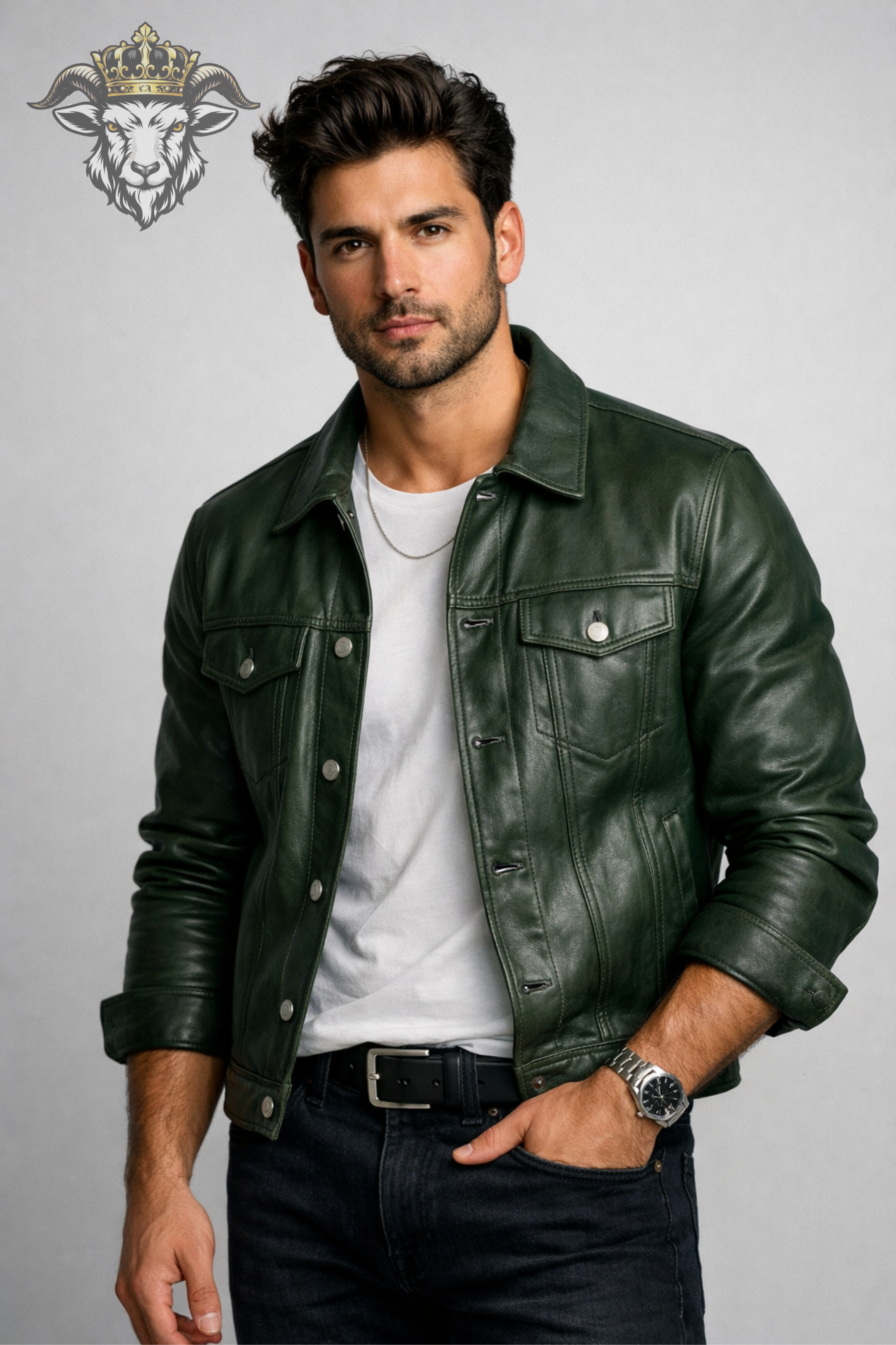 Men’s Green Real Leather Trucker Jacket