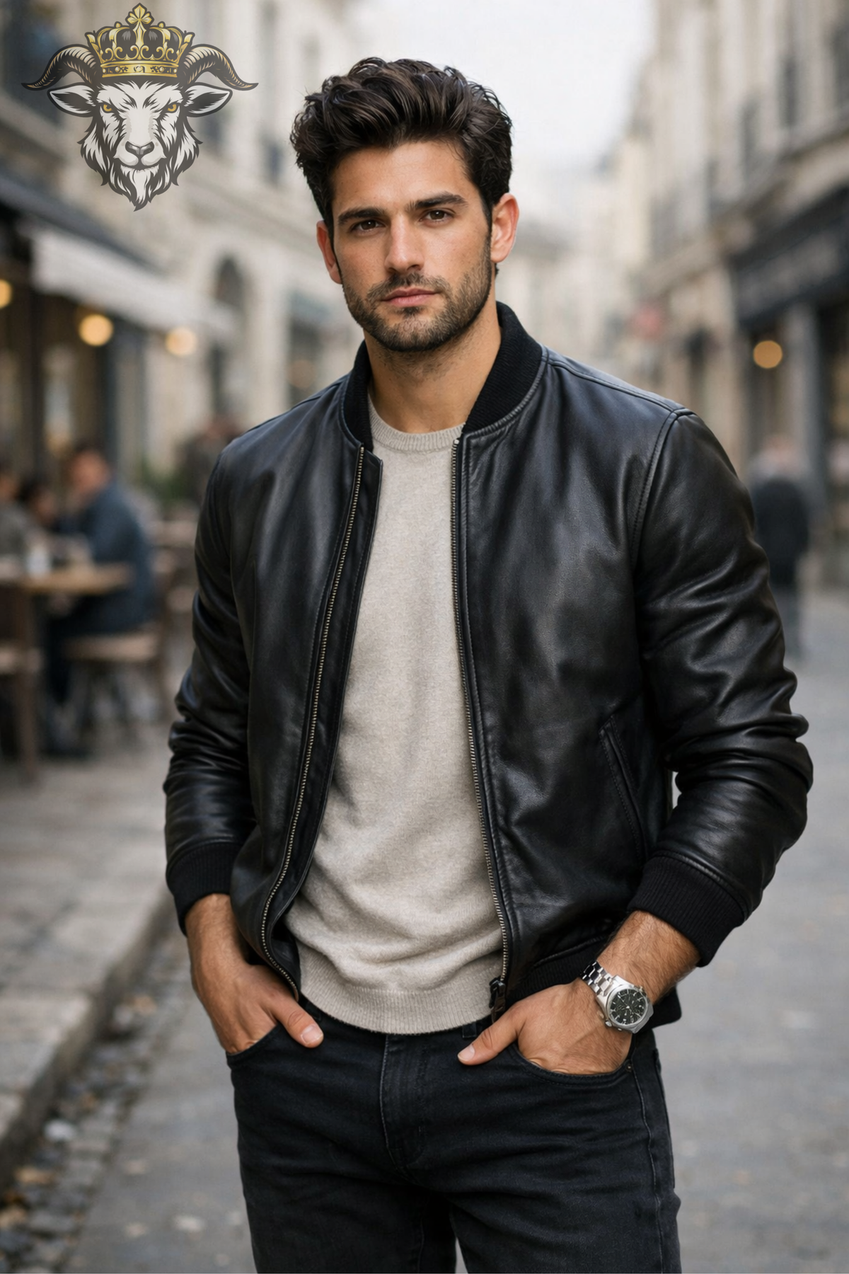 Men’s Black Leather Bomber Jacket | Classic Zip-Up Jacket | Ribbed Collar Outerwear | Modern Urban Streetwear