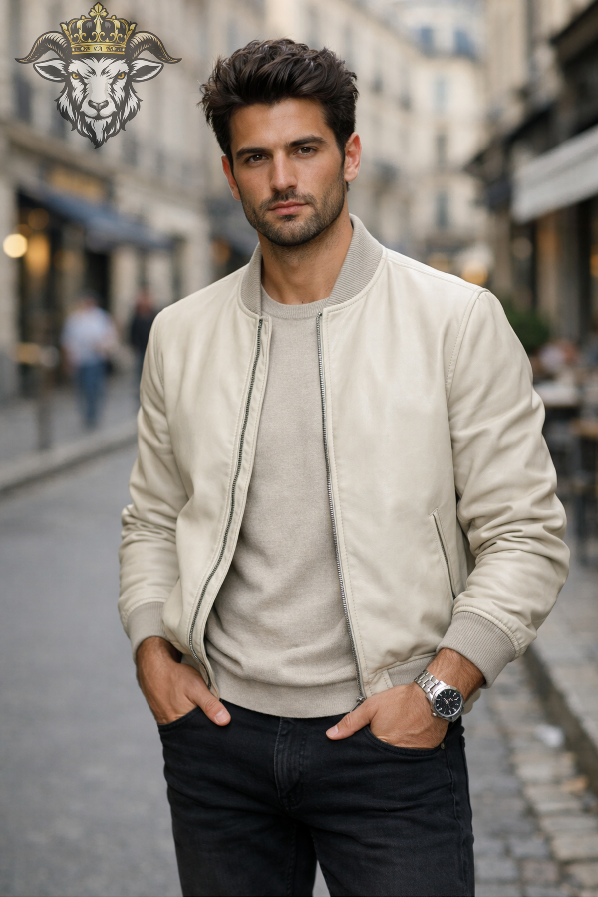 Men's Cream Real Leather Bomber Jacket, Ribbed Collar Zip-Up Jacket, Minimalist Beige Streetwear Outerwear, Casual Moto Jacket