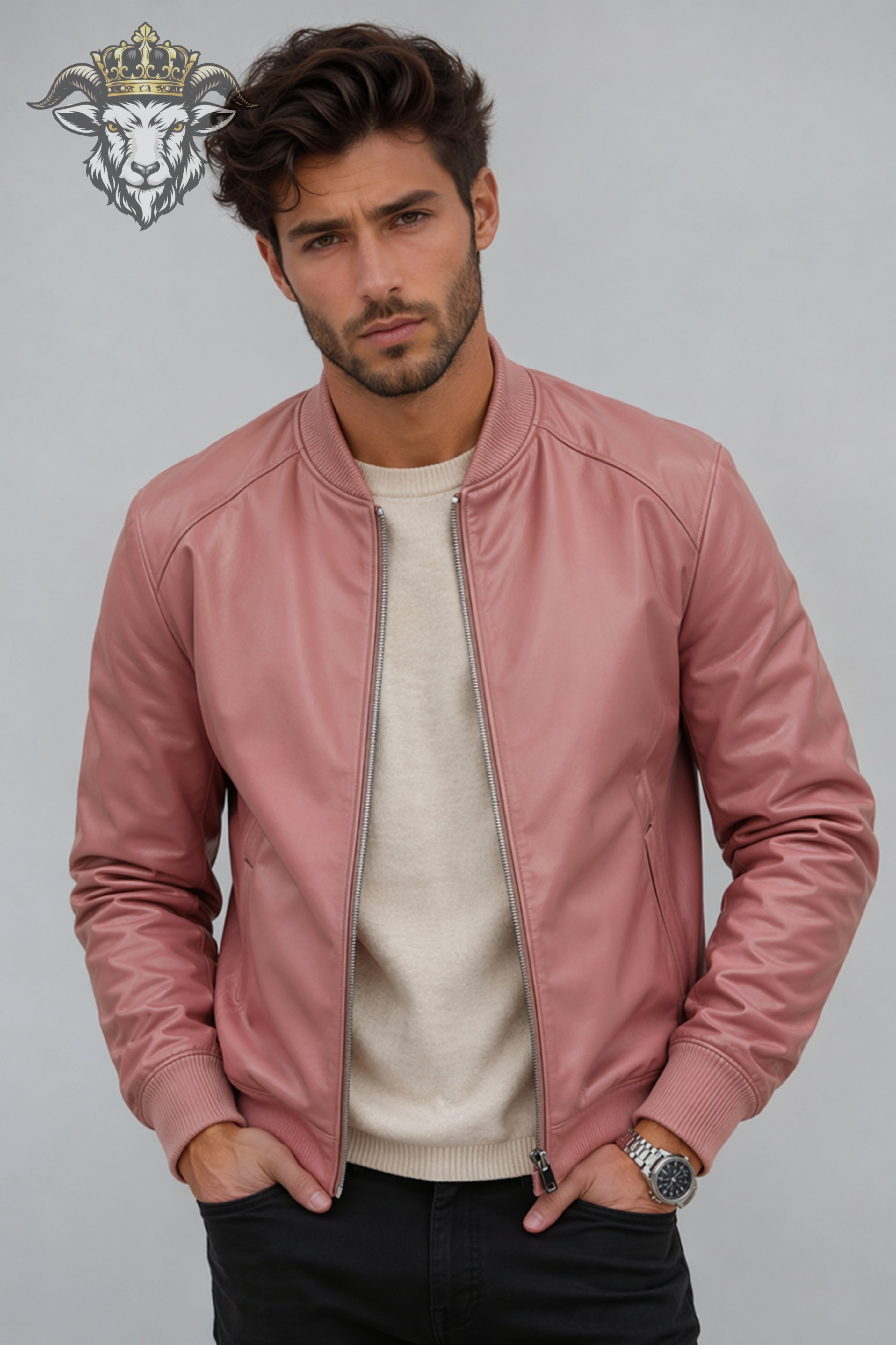 Men’s Pink Real Leather Bomber Jacket