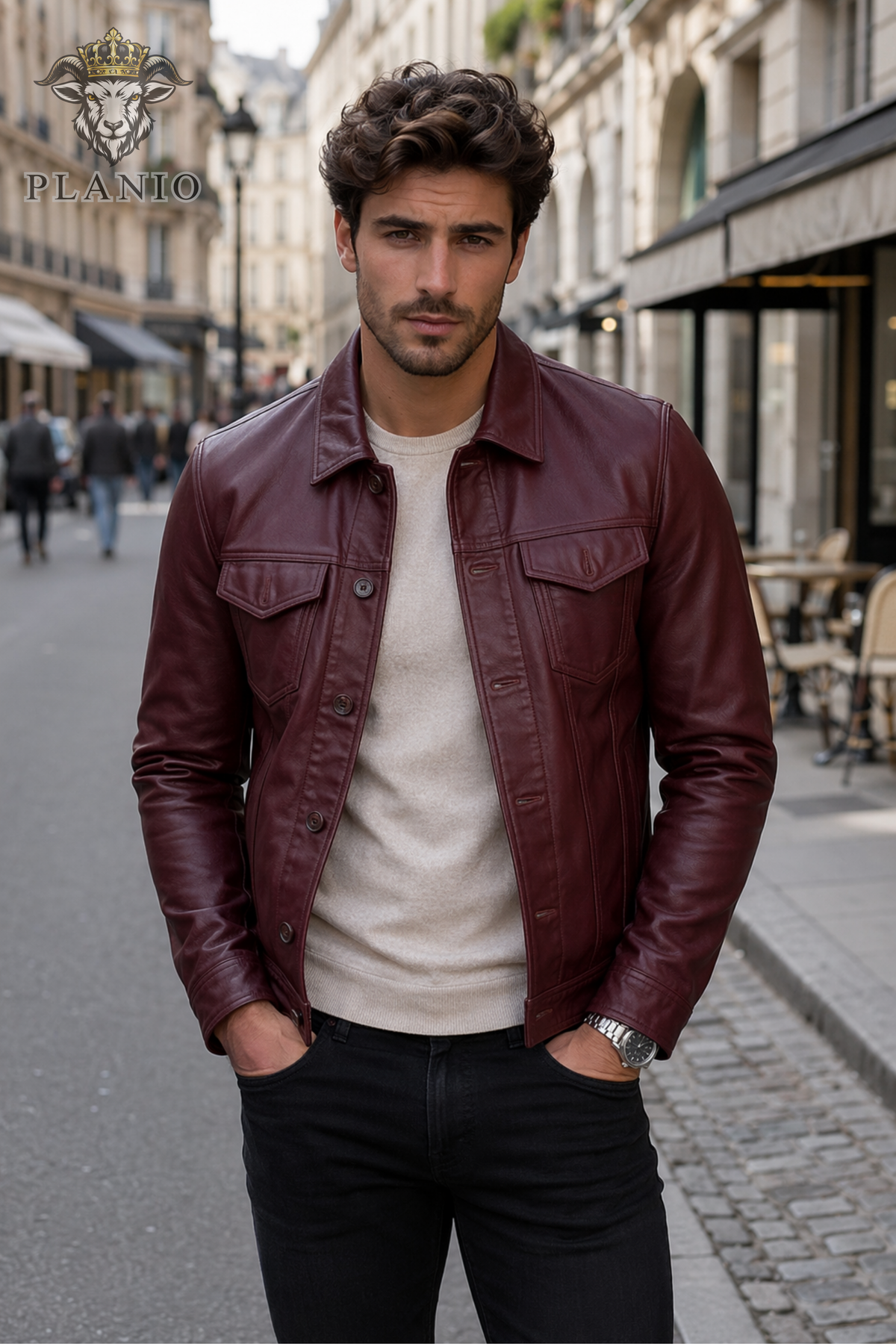 Men's Burgundy Real Leather Trucker Jacket, Slim Fit Button Front Jacket, Vintage Inspired Leather Outerwear, Casual Biker Style