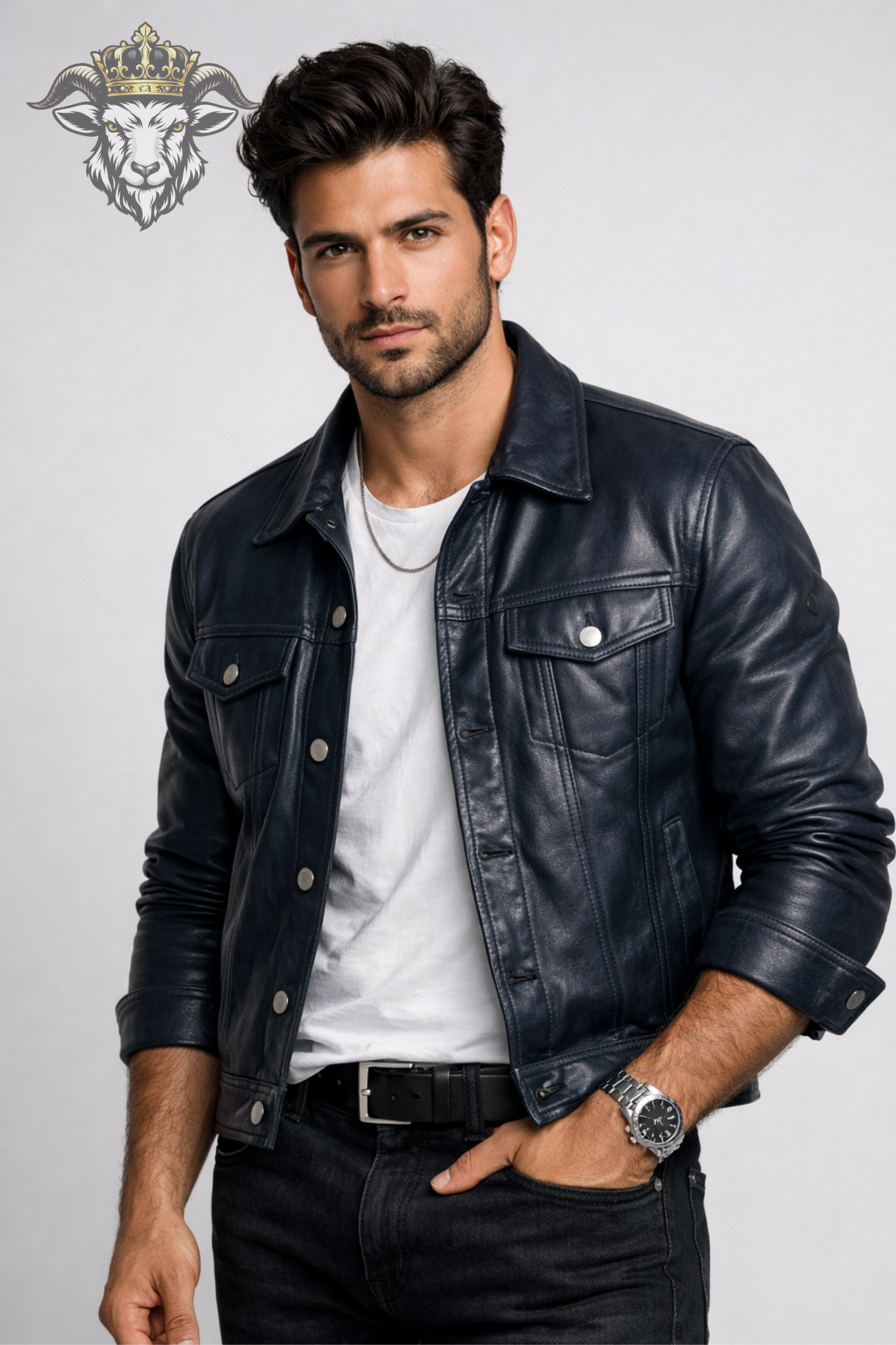 Men’s Indigo Real Leather Trucker Jacket