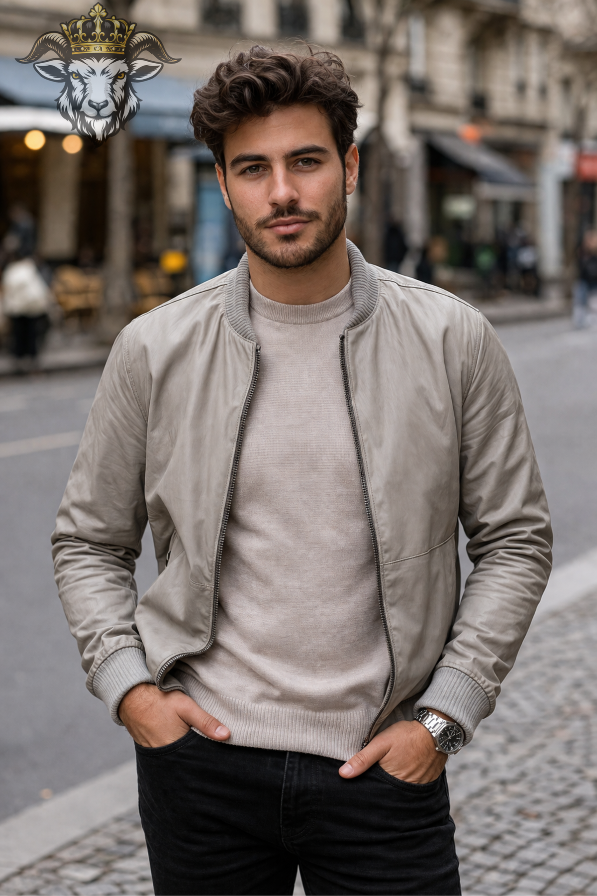 Men's Taupe Leather Bomber Jacket, Light Beige Zip Up Jacket, Ribbed Collar Minimalist Outerwear, Classic Casual Men's Jacket