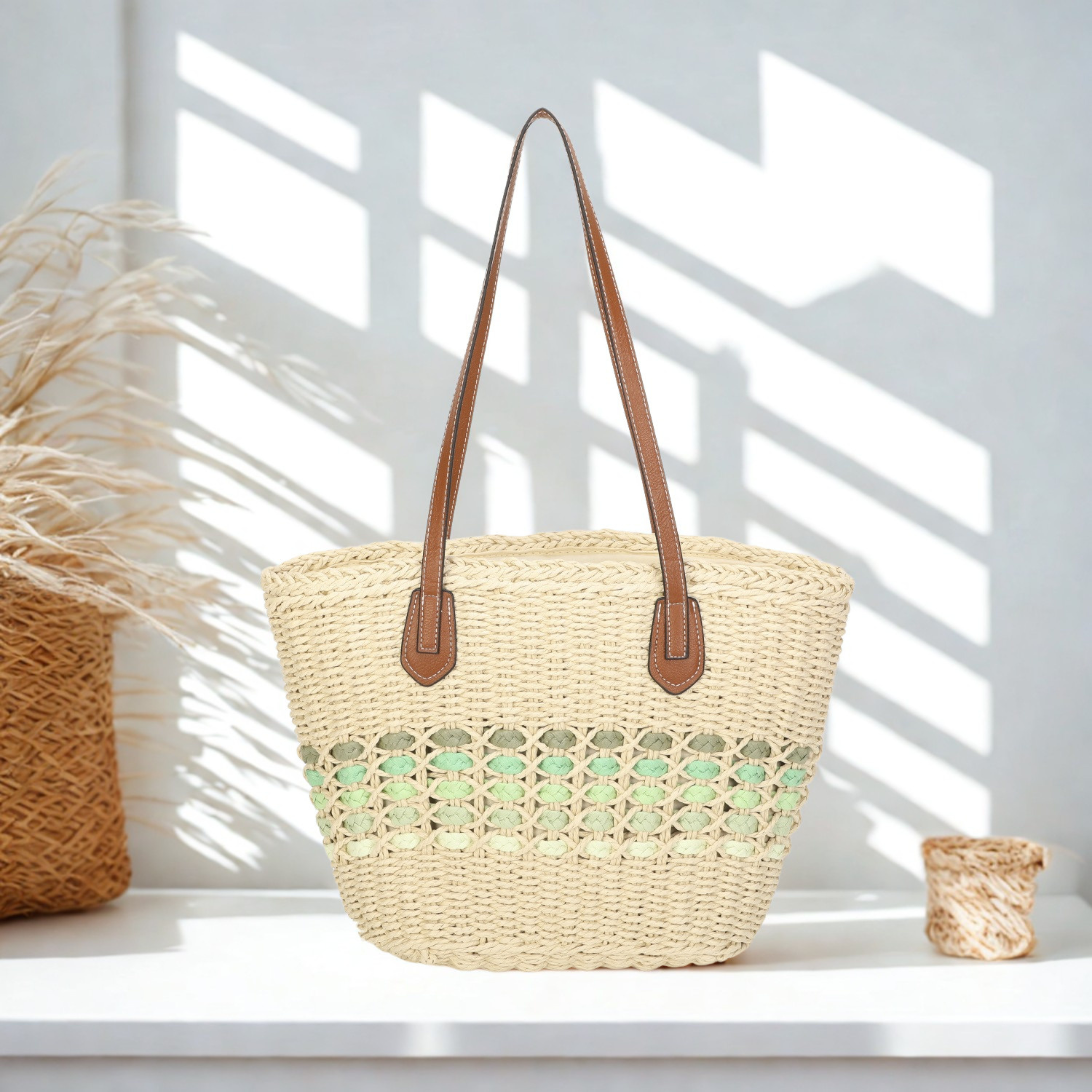 Women’s Straw Tote Bag – Large Summer Beach Handbag, Silver Tone Hardware & Interior Pocket