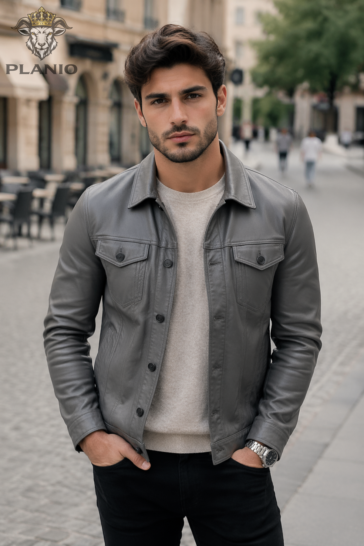 Men's Gray Leather Trucker Jacket, Slim Fit Button Front Jacket, Classic Leather Outerwear, Casual Streetwear Coat
