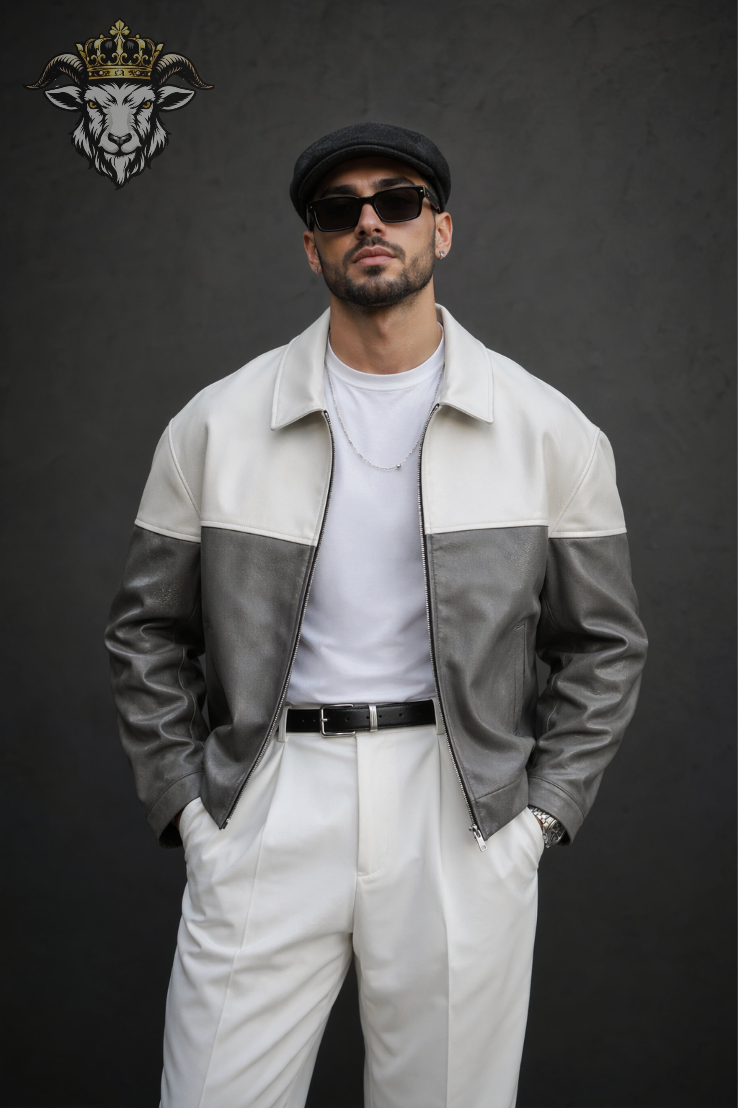 Men’s Two-Tone(Grey/White) Oversize Real Leather Bomber Jacket