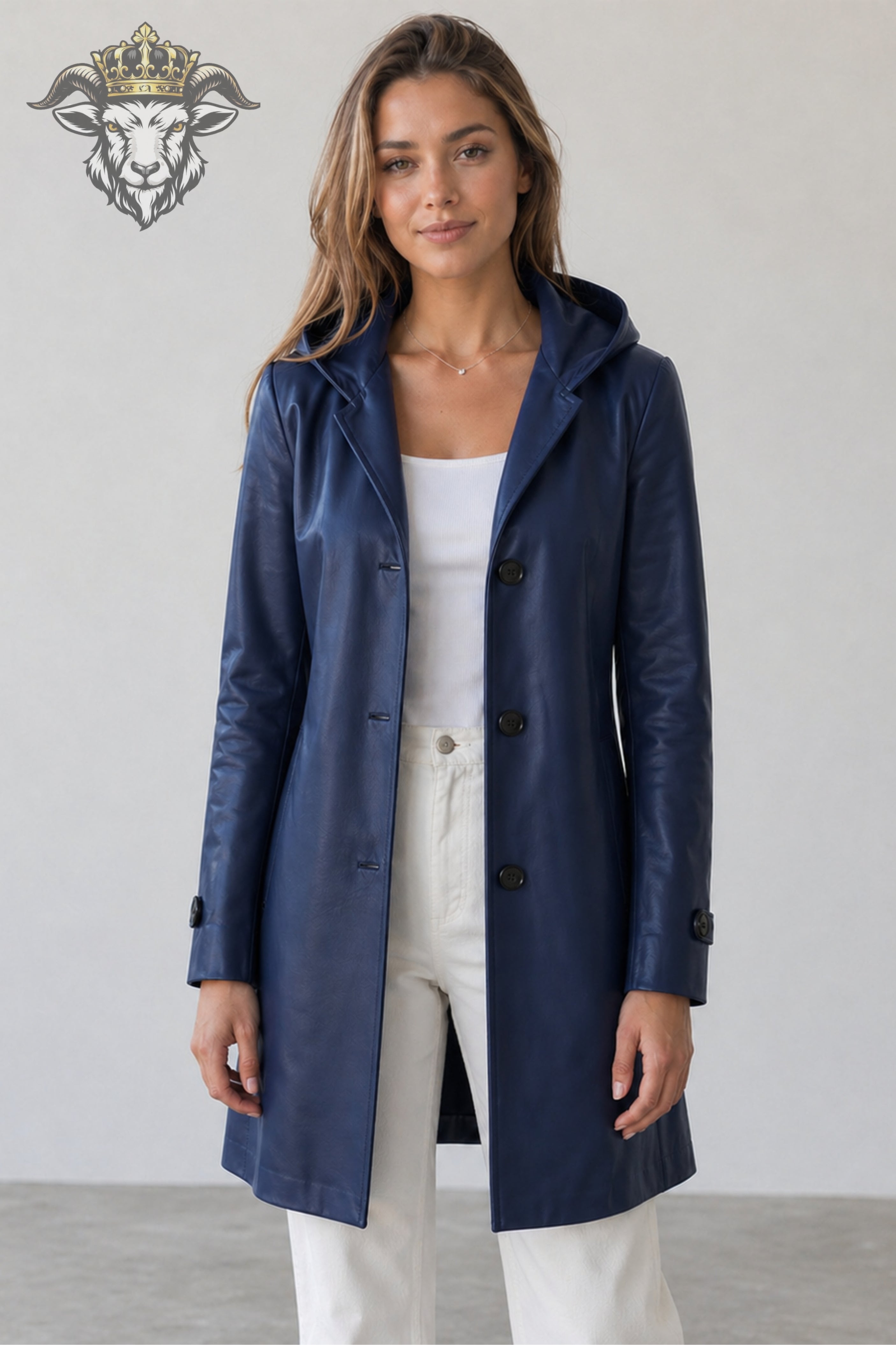Women’s Indigo Real Leather Hooded Coat