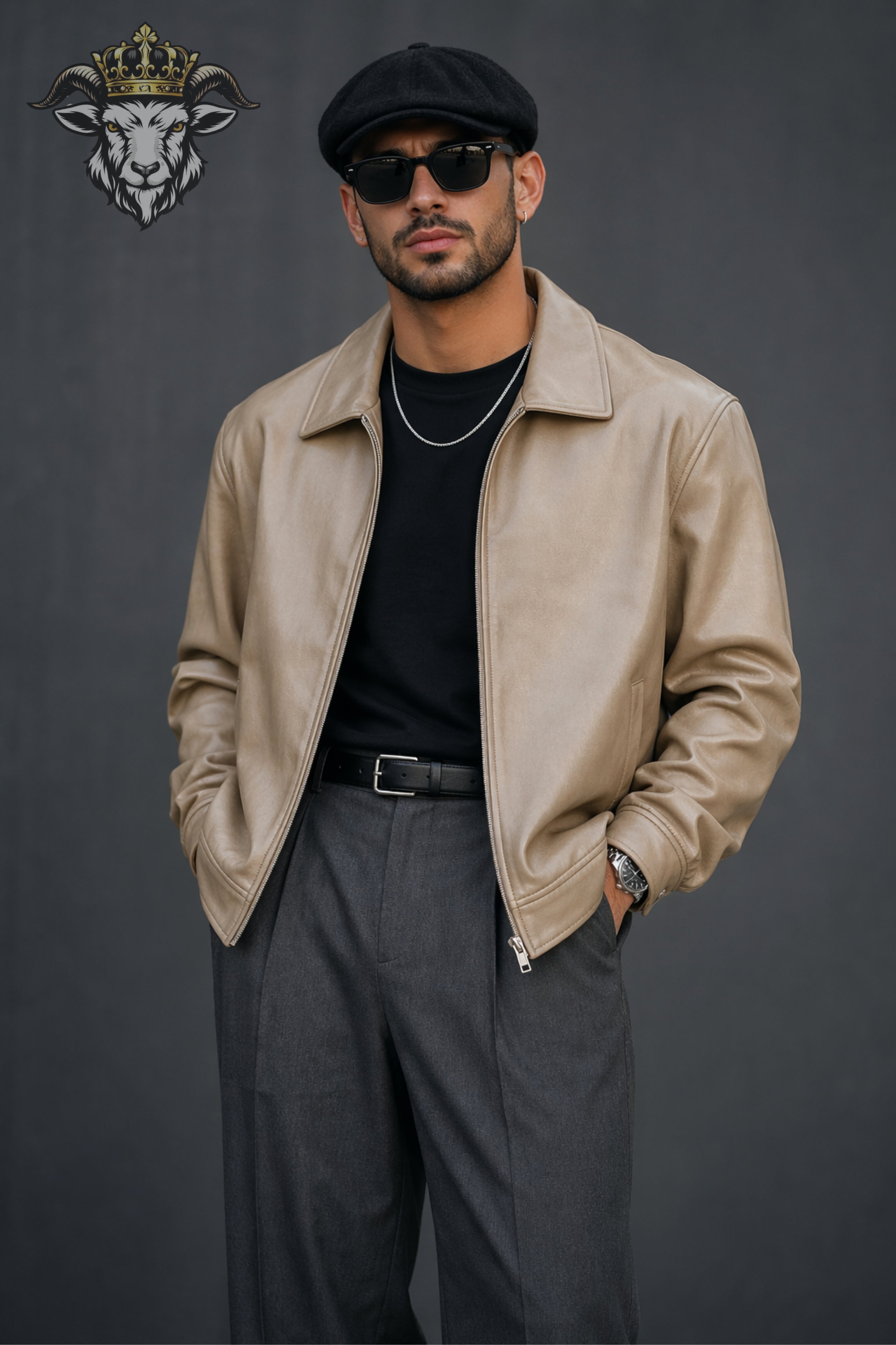 Men’s Beige Oversize Real Leather Bomber Jacket