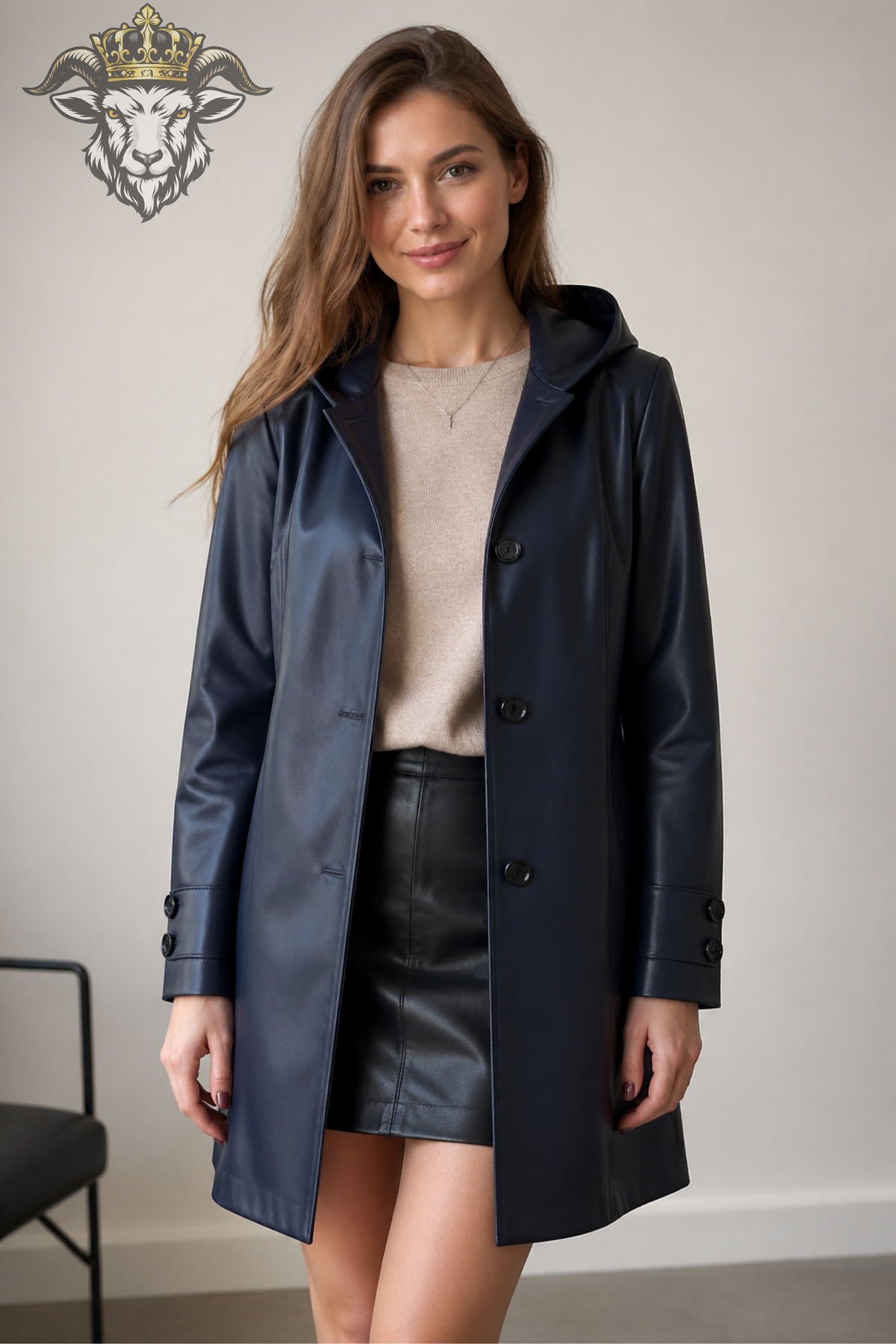 Women’s Navy Blue Hooded Leather Coat – Premium Long Tailored Jacket with Black Buttons, Elegant Winter Outerwear