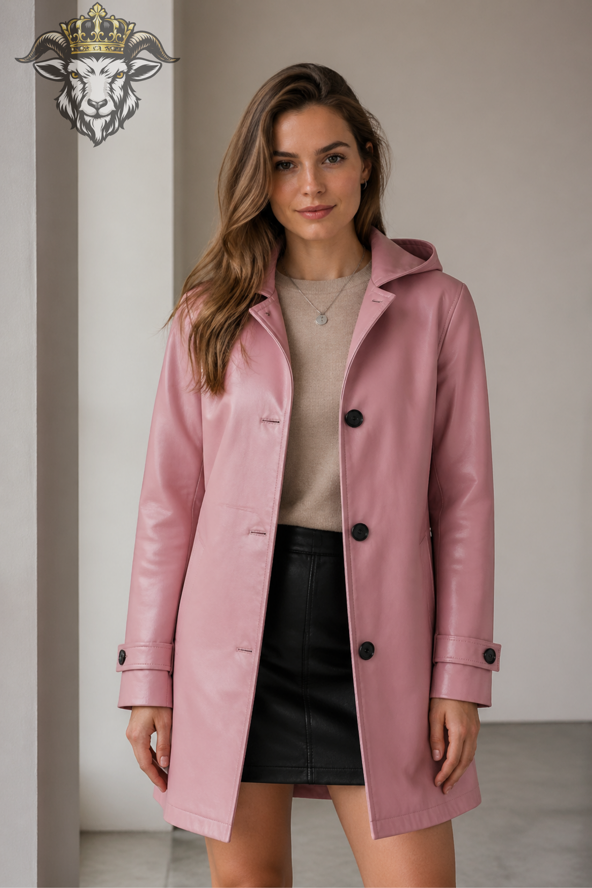 Women’s Pink Hooded Leather Coat, Stylish Faux Leather Trench Jacket, Modern Winter Outerwear, Button Front Hooded Coat, Chic Fall Jacket