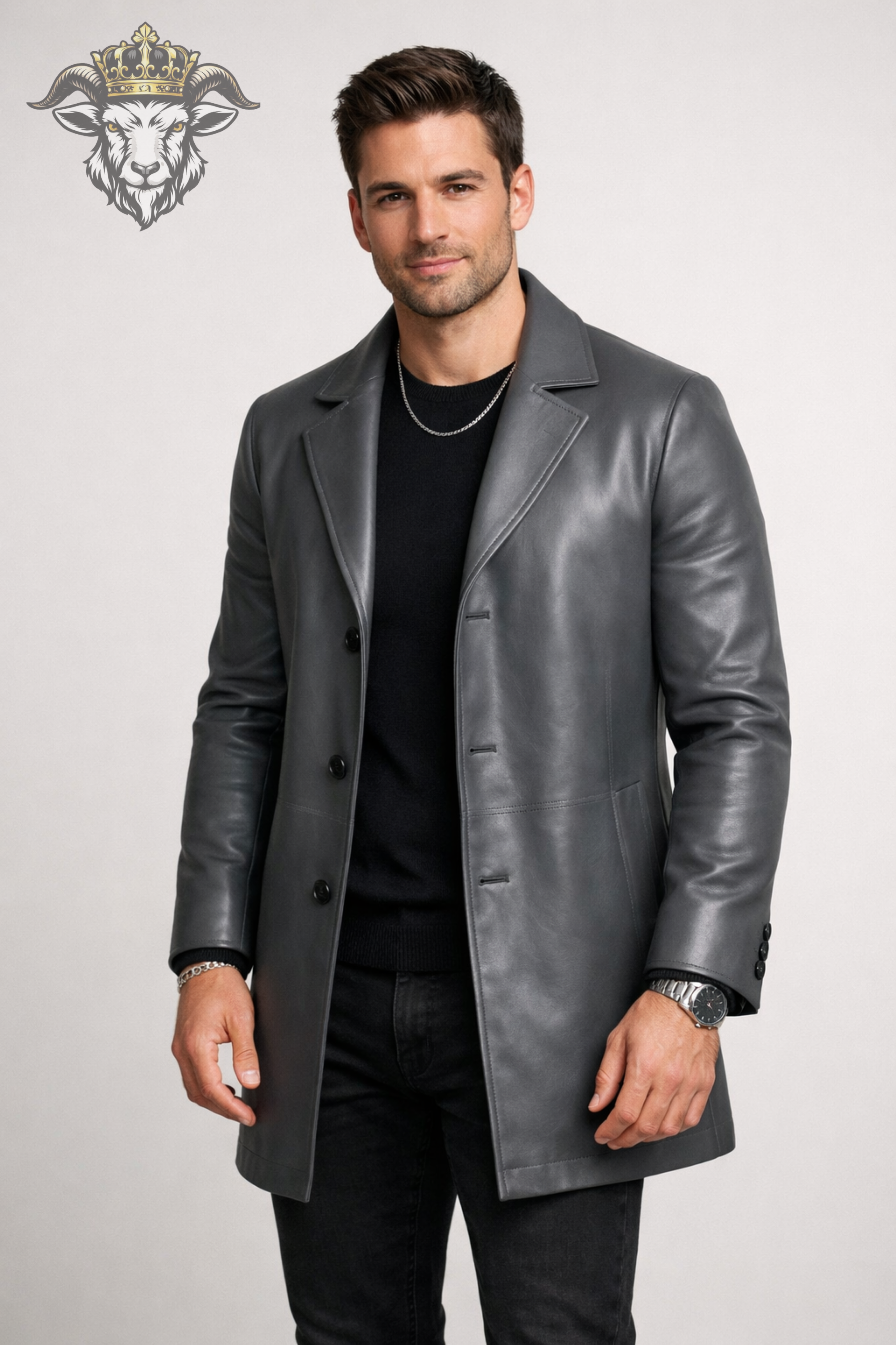 Men’s Grey Real Leather Coat – Mid-Thigh Premium Tailored Leather Overcoat for Men | Classic Modern Fit Jacket