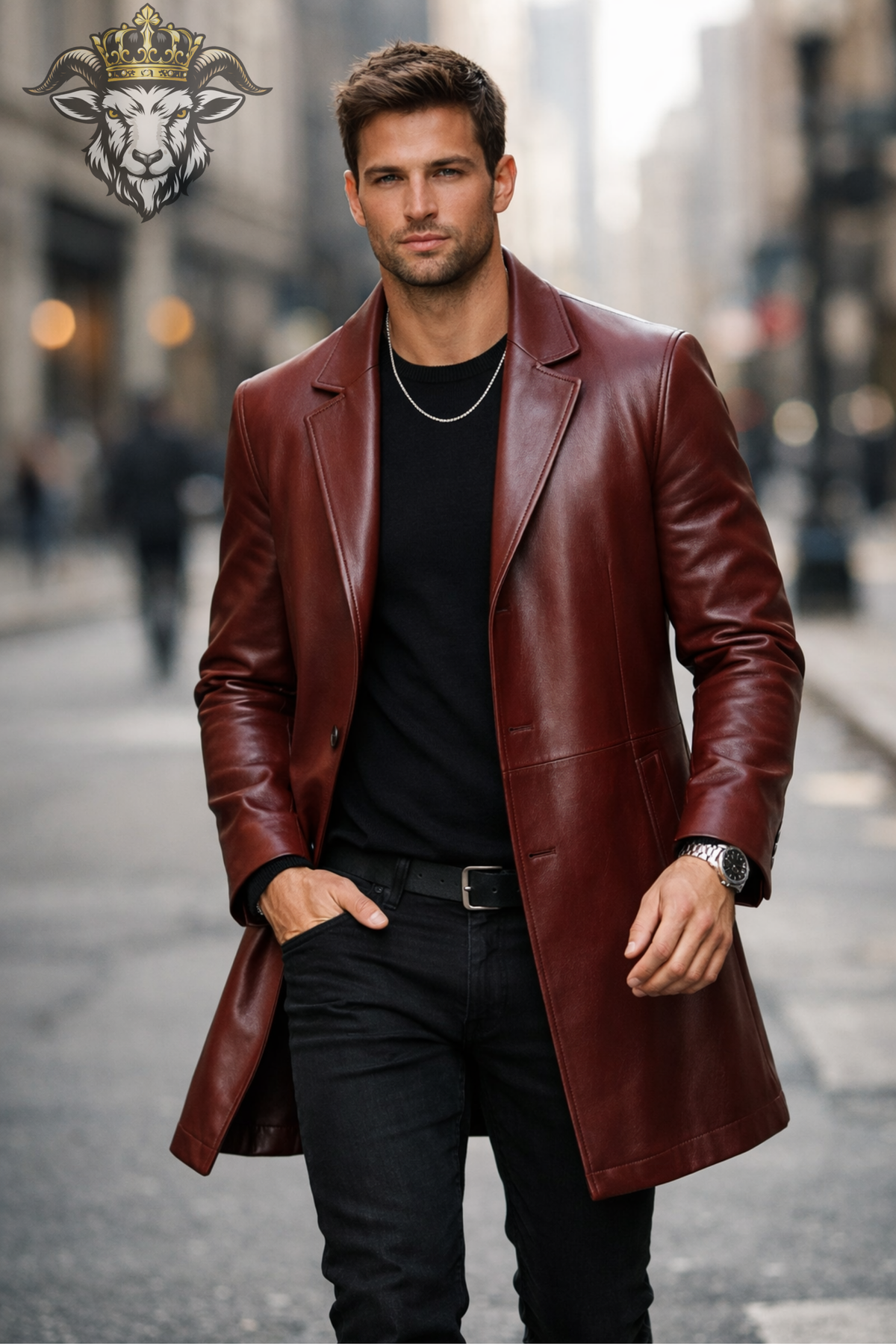 Men's Burgundy Real Leather Coat, Slim Fit Mid-Thigh Overcoat, 3 Button Lapel Jacket, Classic Winter Leather Outerwear