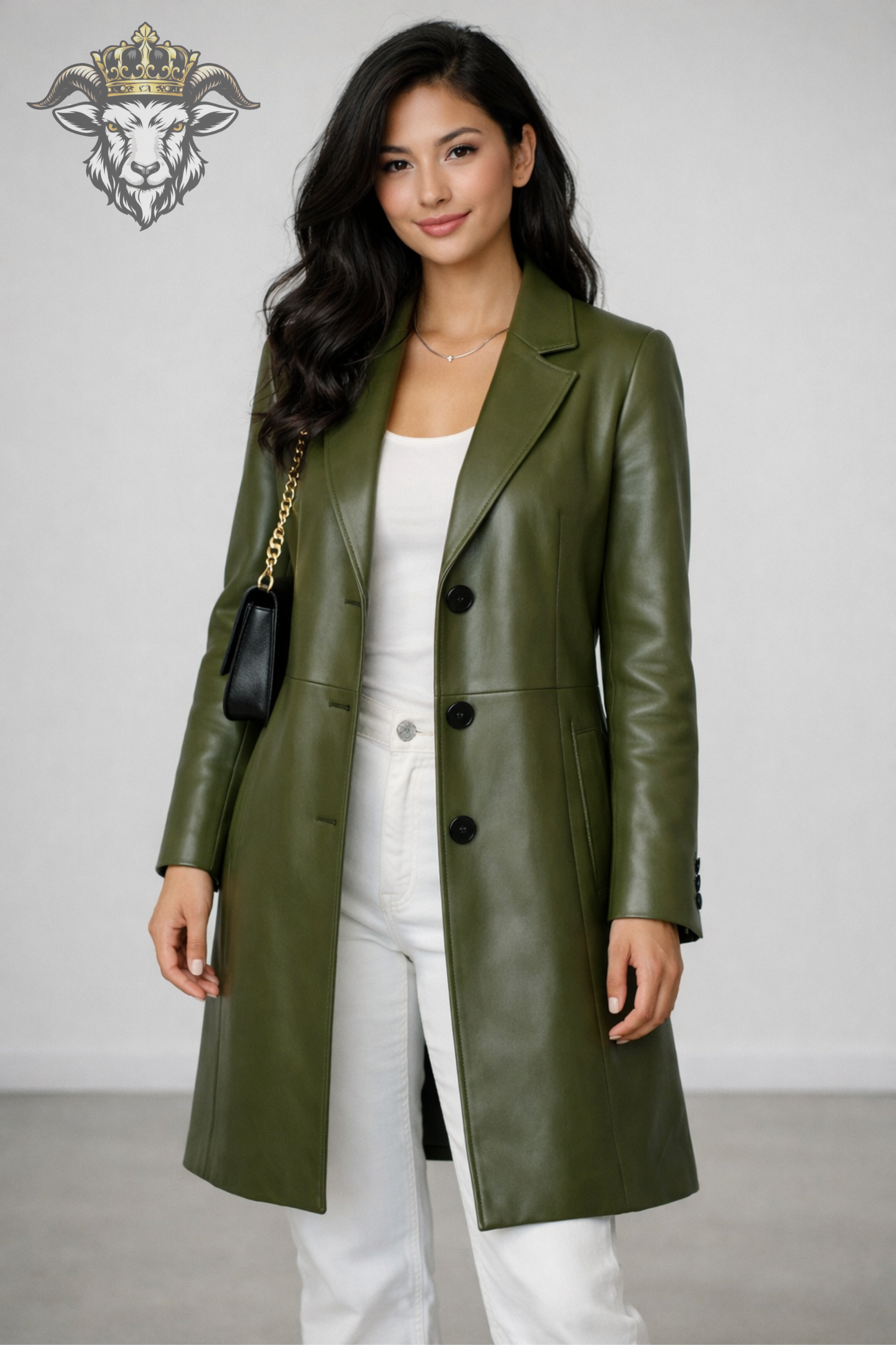 Women’s Olive Green Real Leather Mid-Length Coat