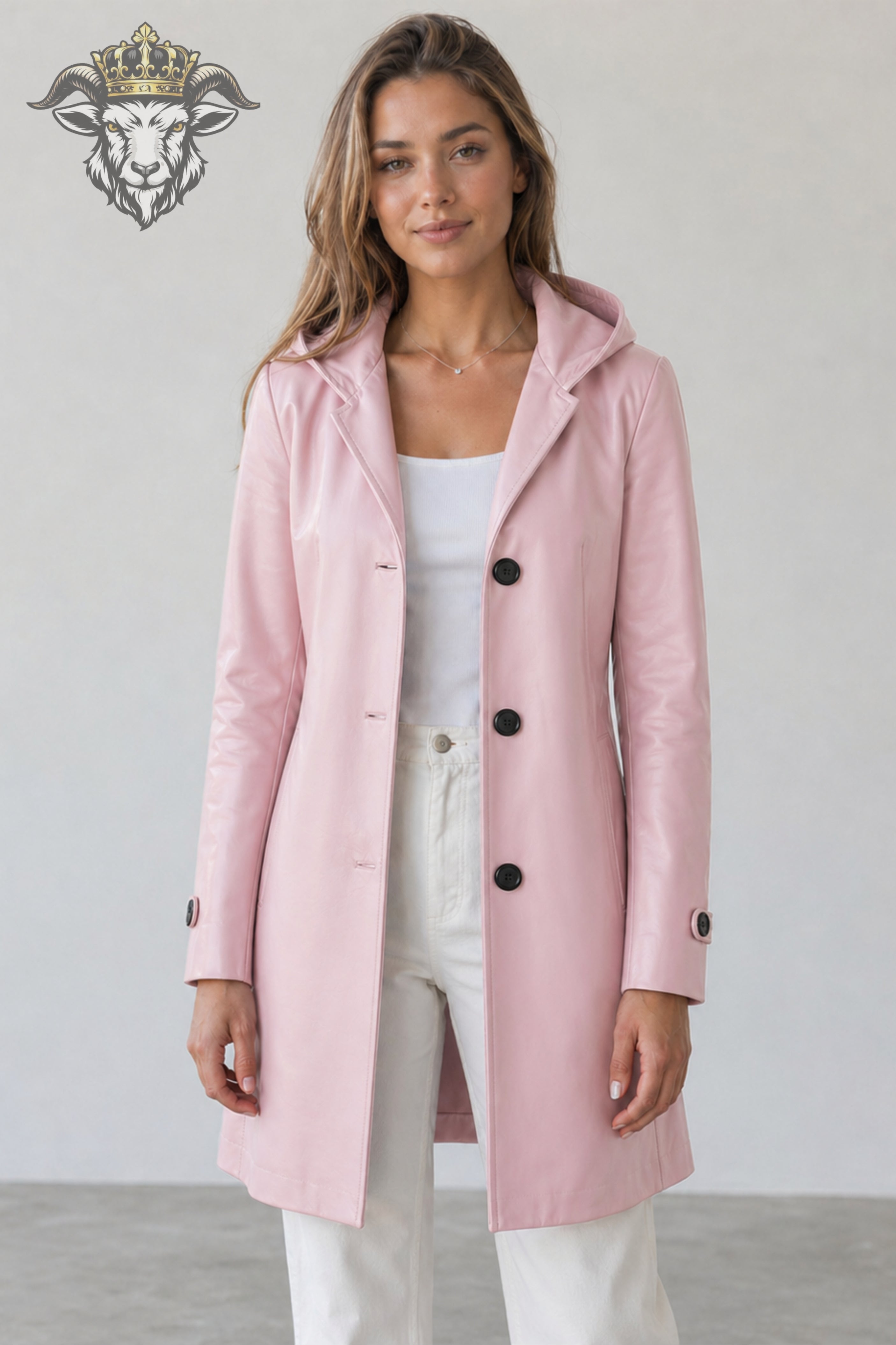 Women’s Baby Pink Real Leather Hooded Coat