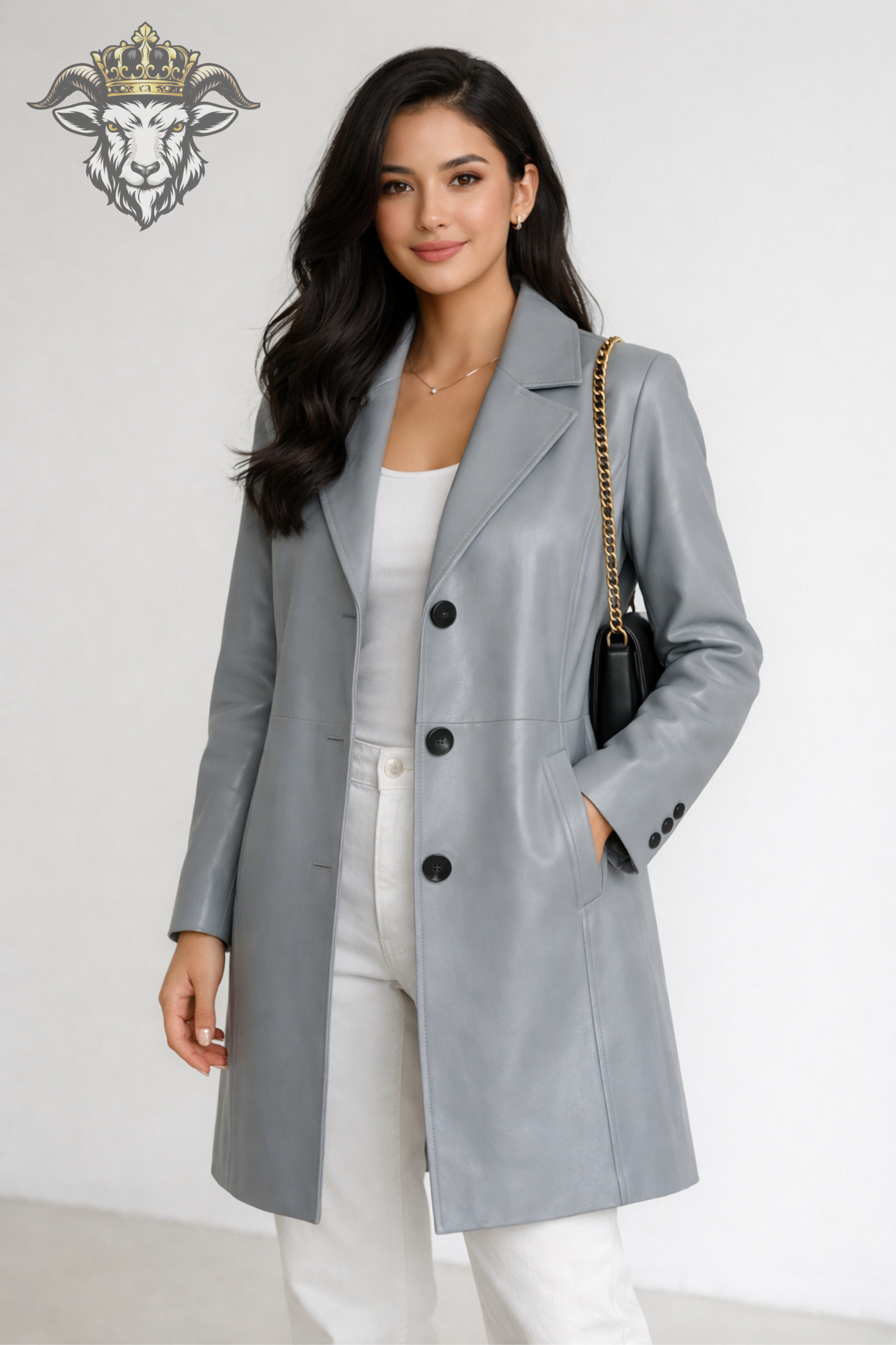 Women’s Gray Real Leather Mid-Length Coat