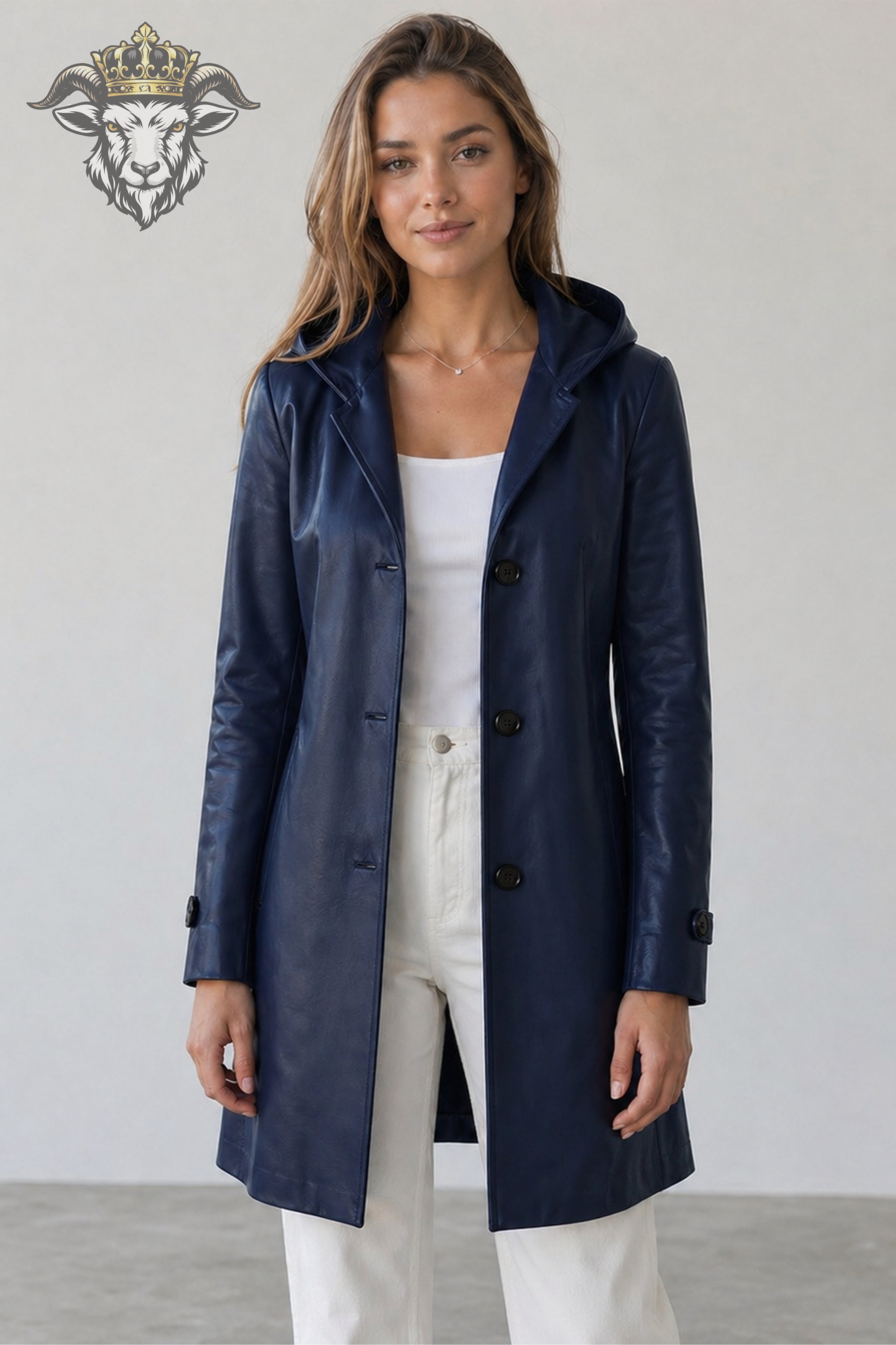 Women’s Navy Blue Real Leather Hooded Coat