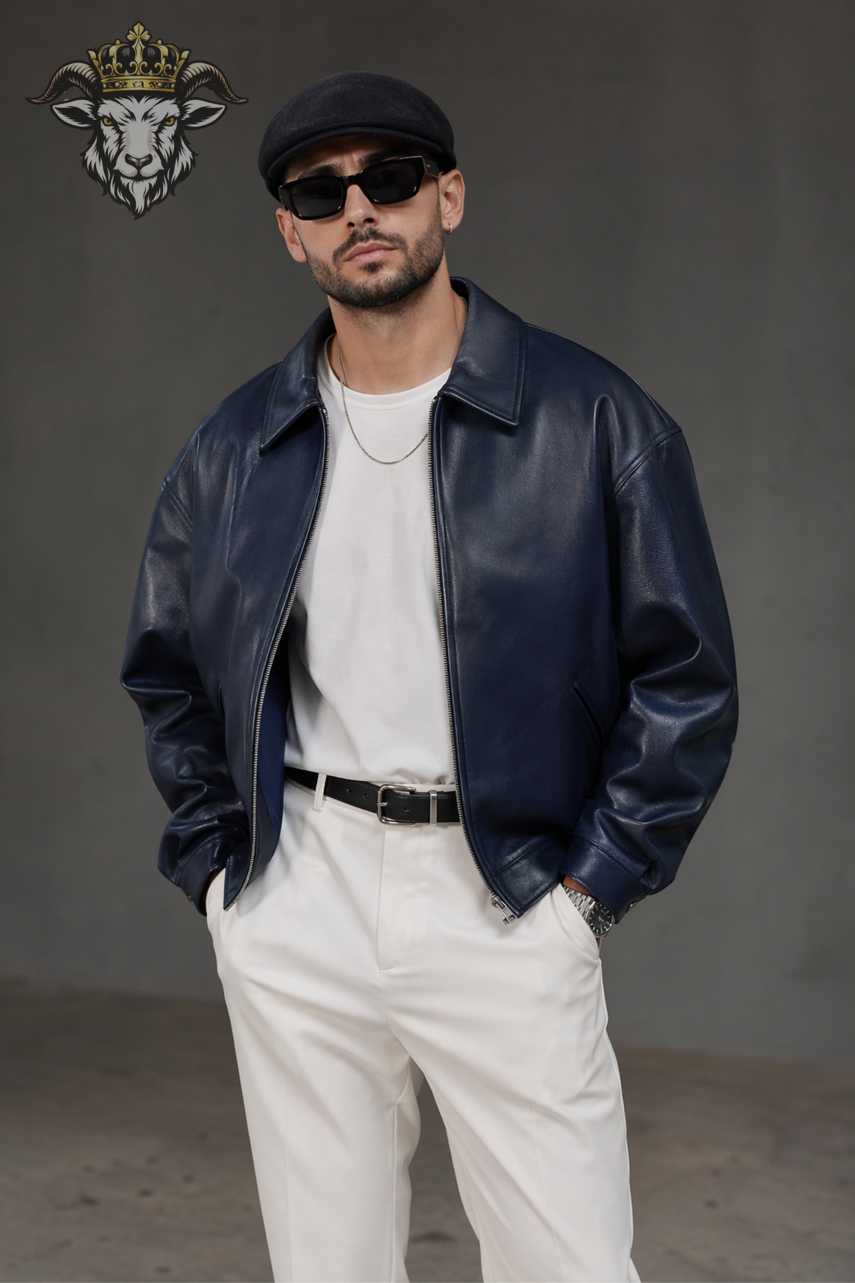 Men’s Navy Blue Oversize Real Leather Bomber Jacket