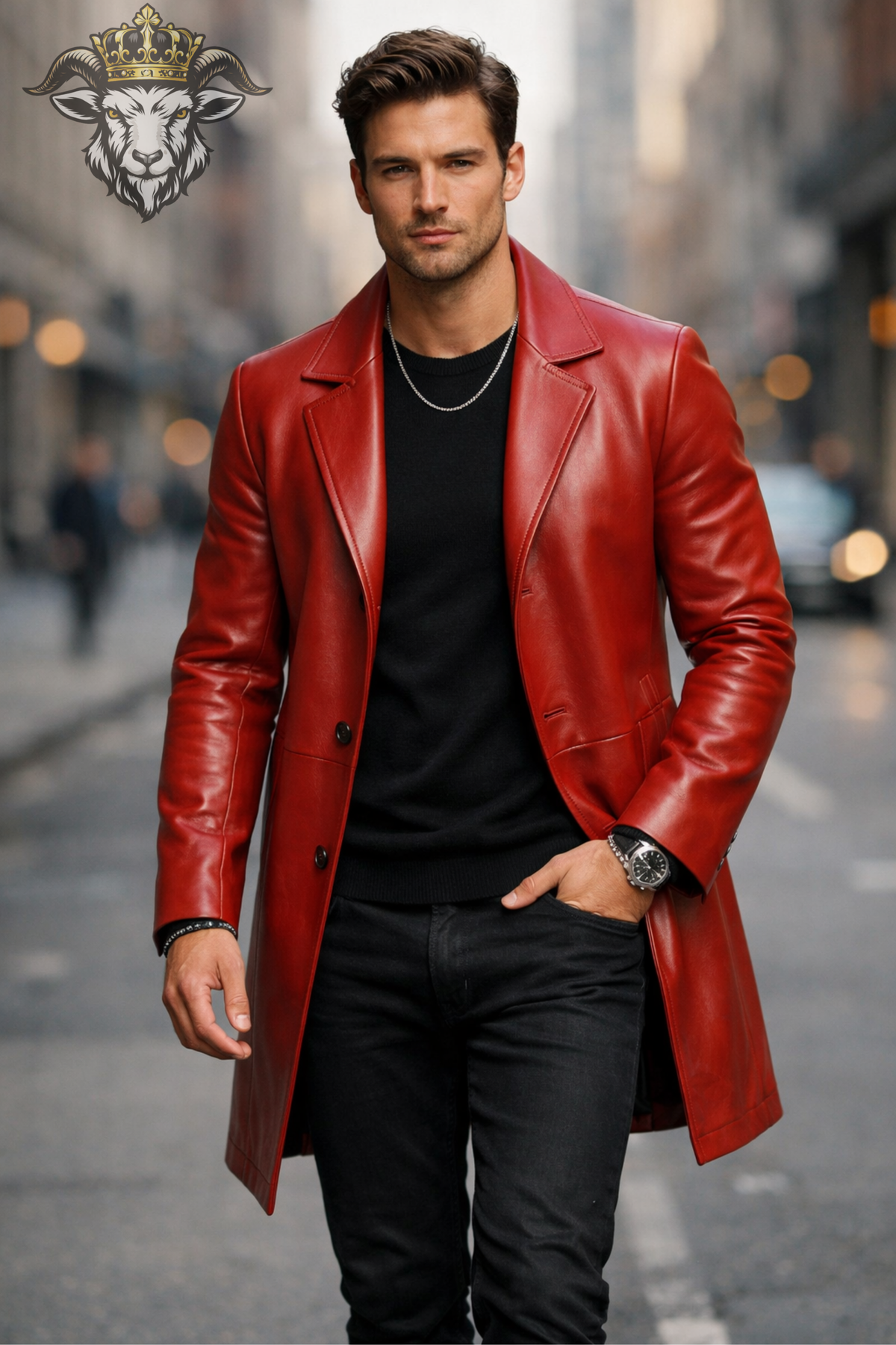 Men's Red Real Leather Coat, Mid-Thigh 3 Button Leather Overcoat, Slim Tailored Lapel Jacket, Modern Men's Winter Outerwear