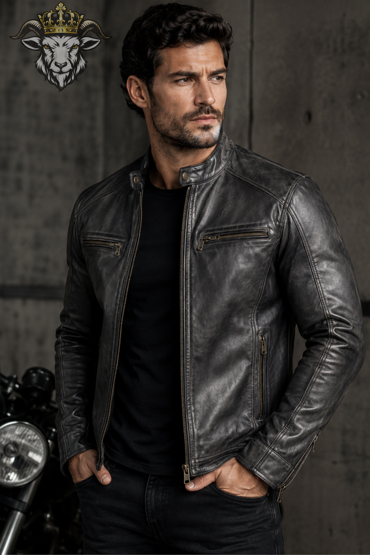 Men's Dark Gray Real Leather Biker Jacket, Slim Fit Motorcycle Jacket, Mandarin Collar Moto Jacket, Men's Gray Leather Coat