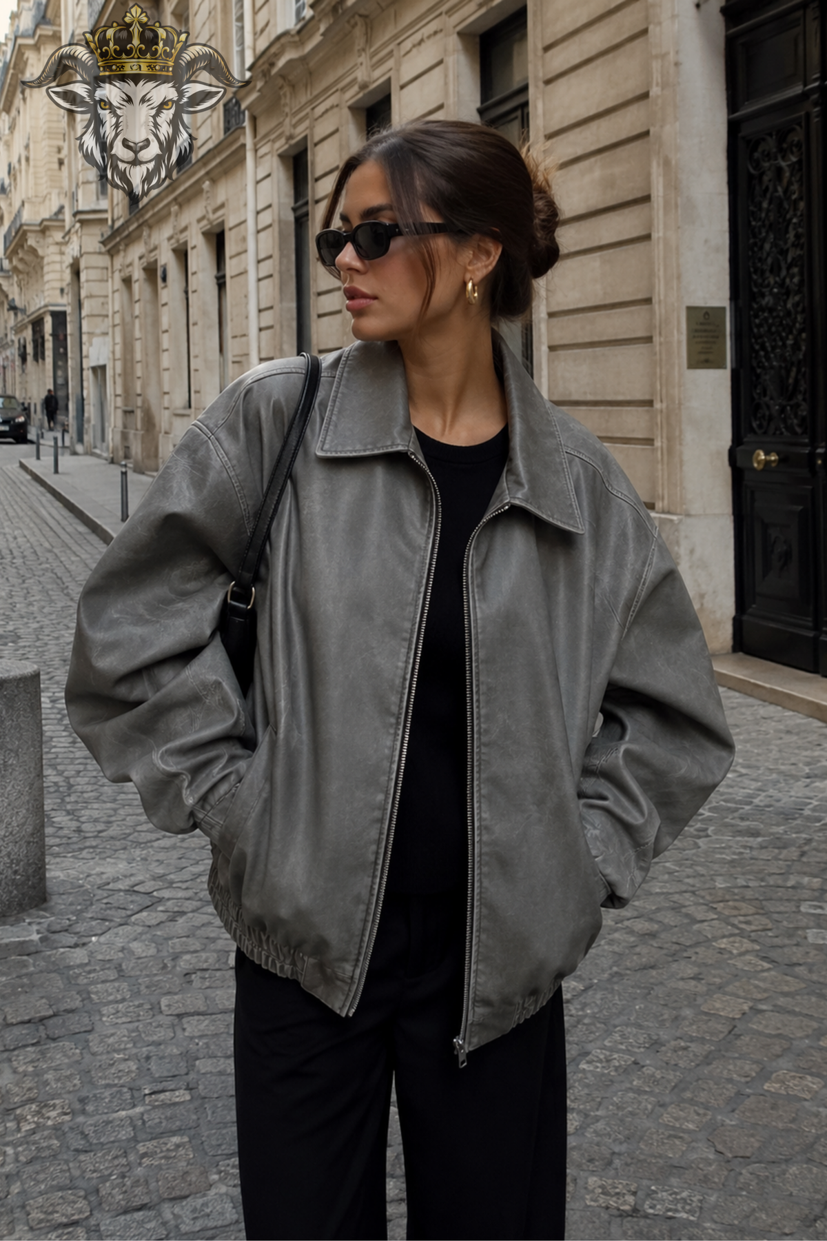 Women's Gray Leather Bomber Jacket, Oversized Washed Gray Zip Jacket, Vintage Streetwear Outerwear, Relaxed Fit Women's Jacket