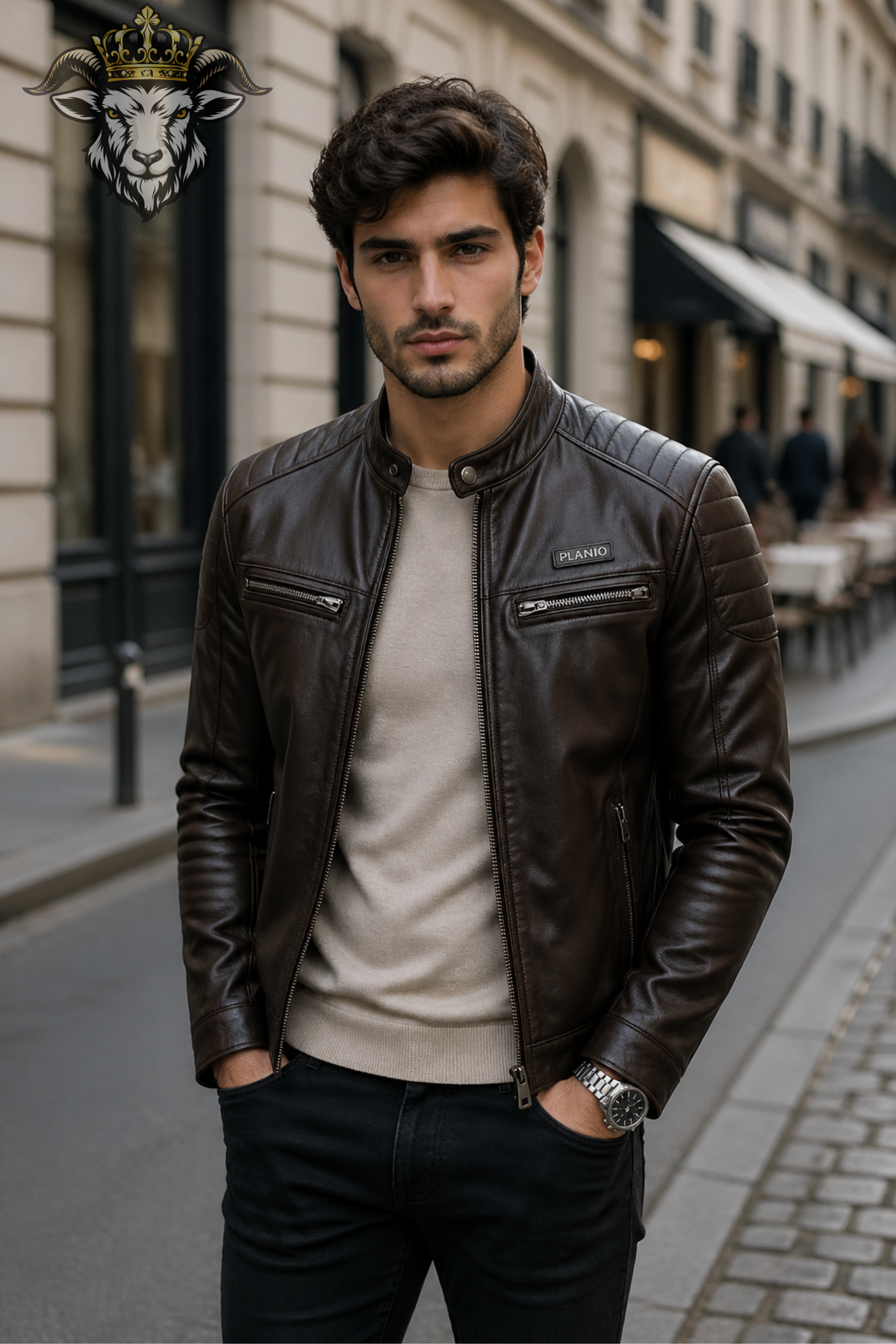 Men's Dark Brown Leather Biker Jacket, PLANIO Slim Fit Motorcycle Jacket, Quilted Shoulder Detail, Stand Collar, Zipper Front Casual Outerwear