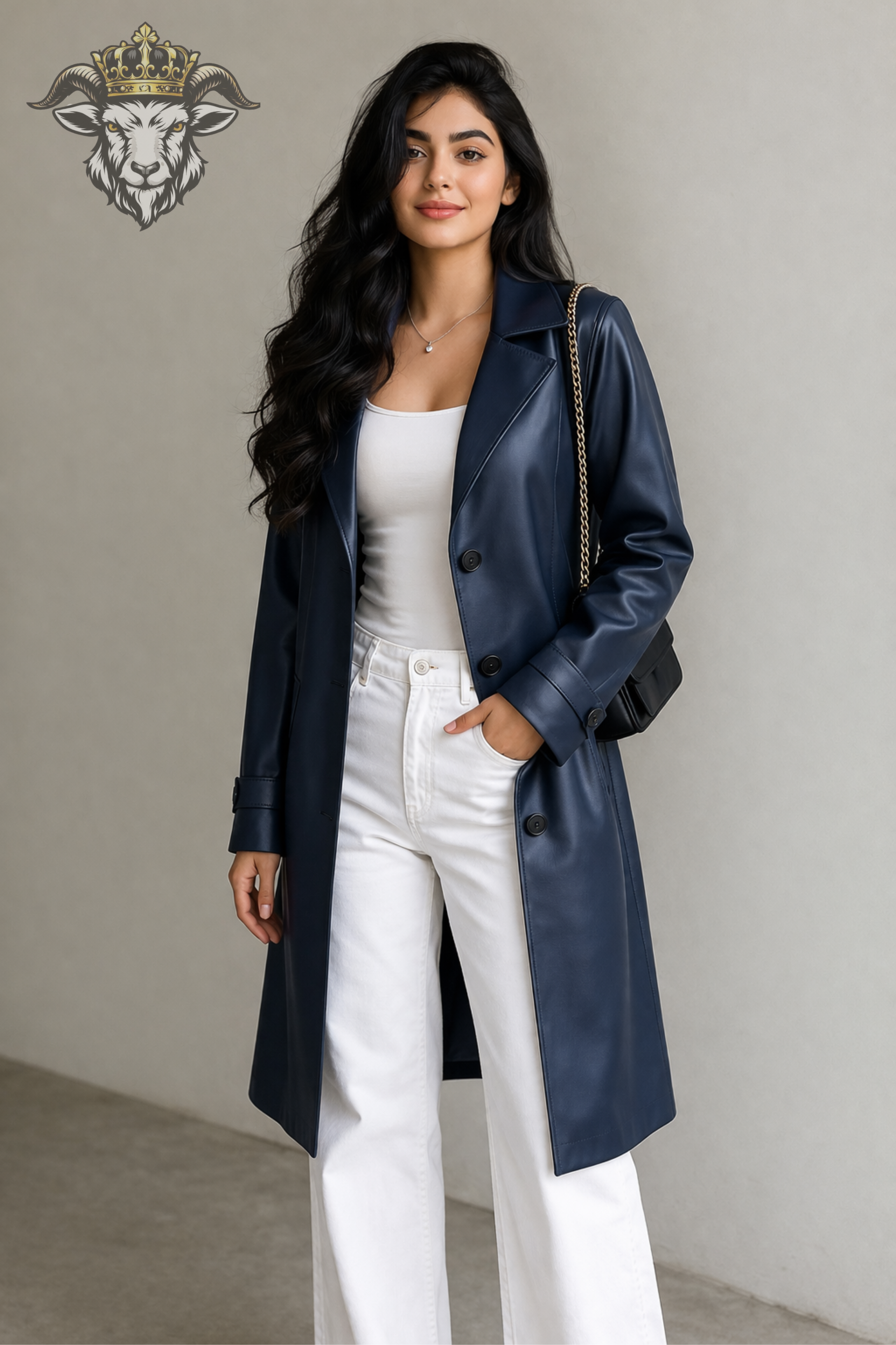 Women’s Navy Blue Real Leather Coat