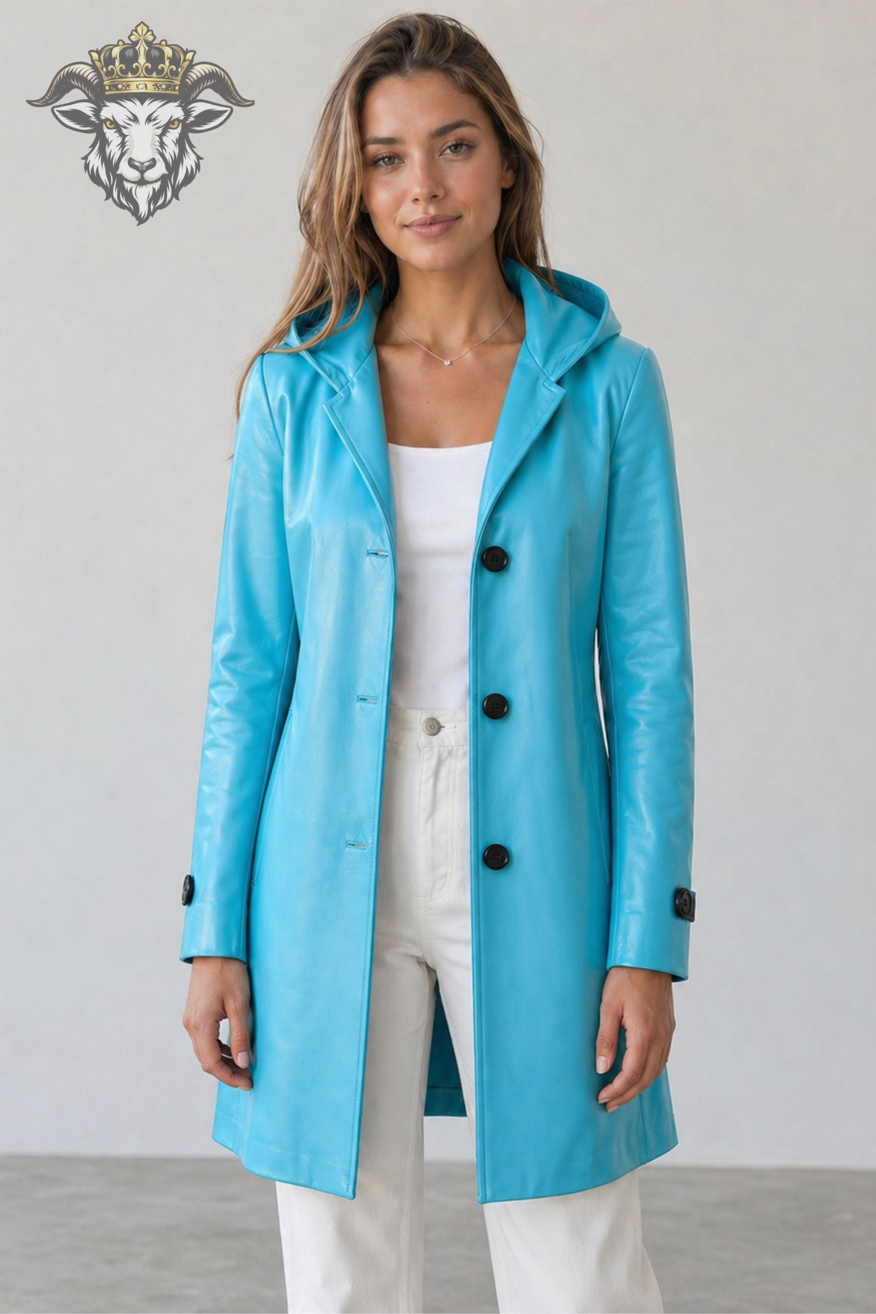 Women’s Cyan Real Leather Hooded Coat