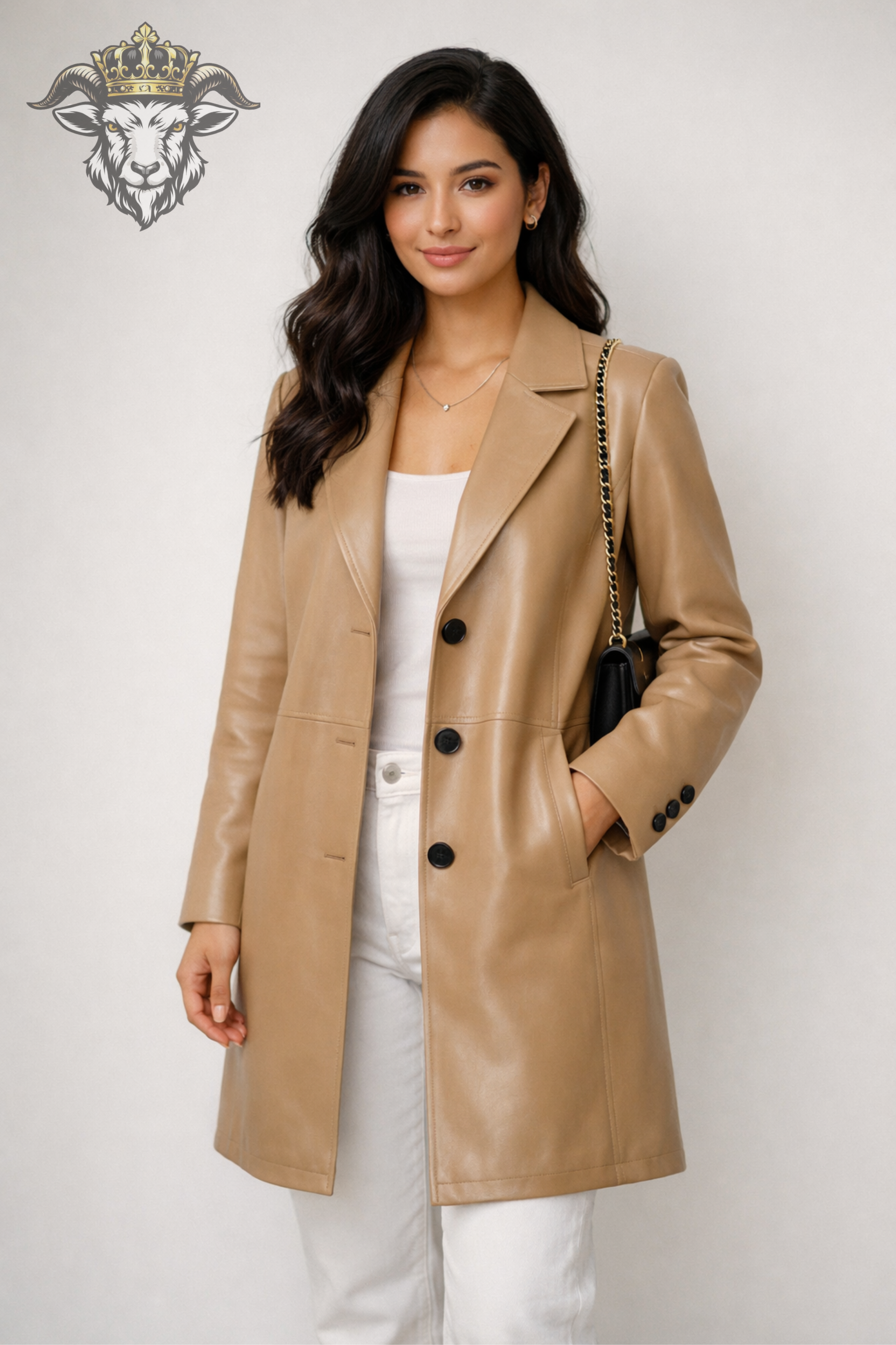 Women’s Beige Real Leather Mid-Length Coat