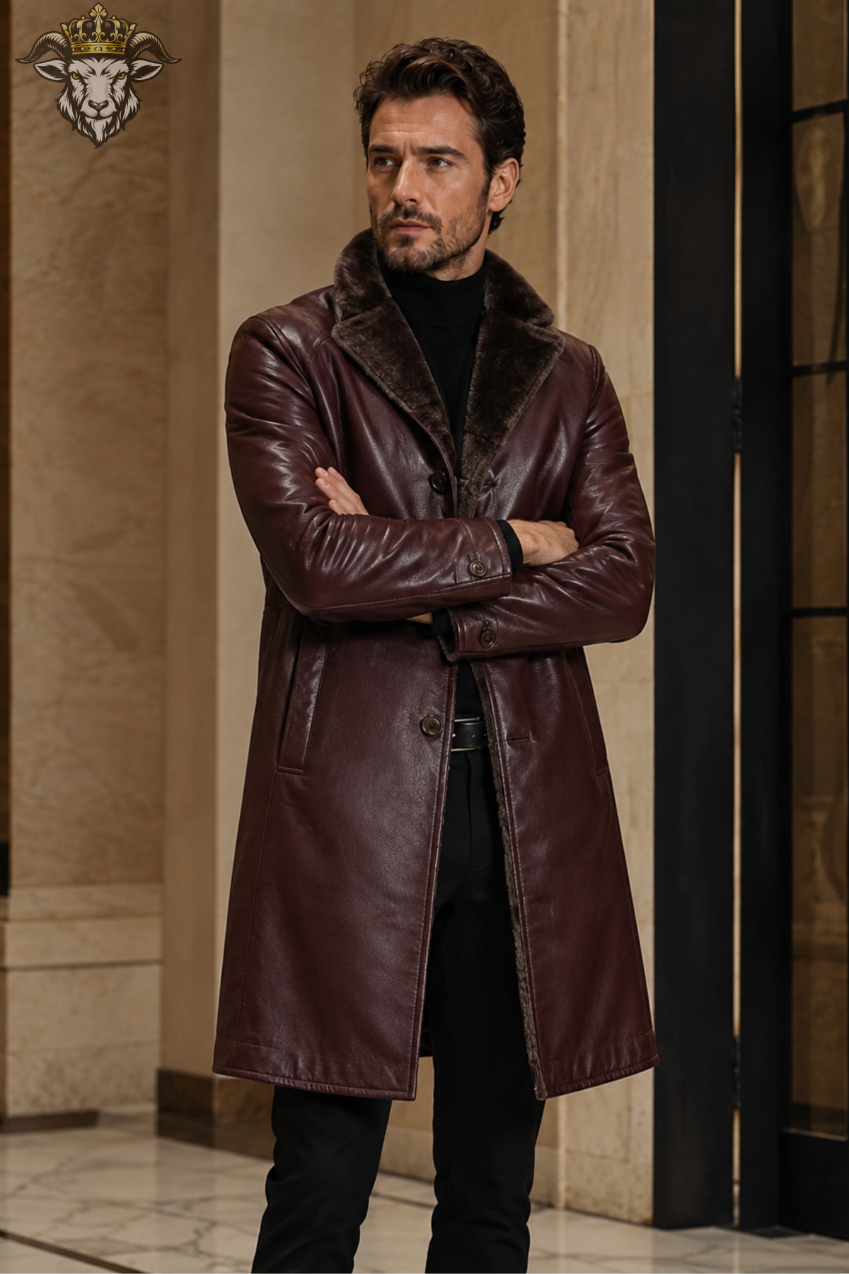Men's Burgundy Real Leather Long Coat, Faux Fur Lined Leather Overcoat, Tailored Winter Coat, Vintage Luxury Outerwear