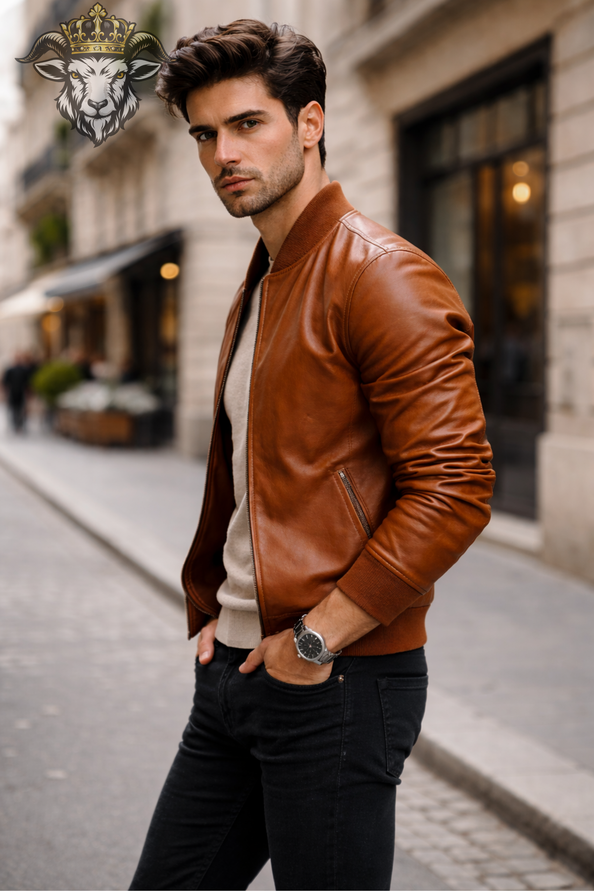 Men's Burnt Orange Real Leather Bomber Jacket, Vintage Inspired Zip Jacket, Ribbed Collar Streetwear Coat, Casual Fall Outerwear