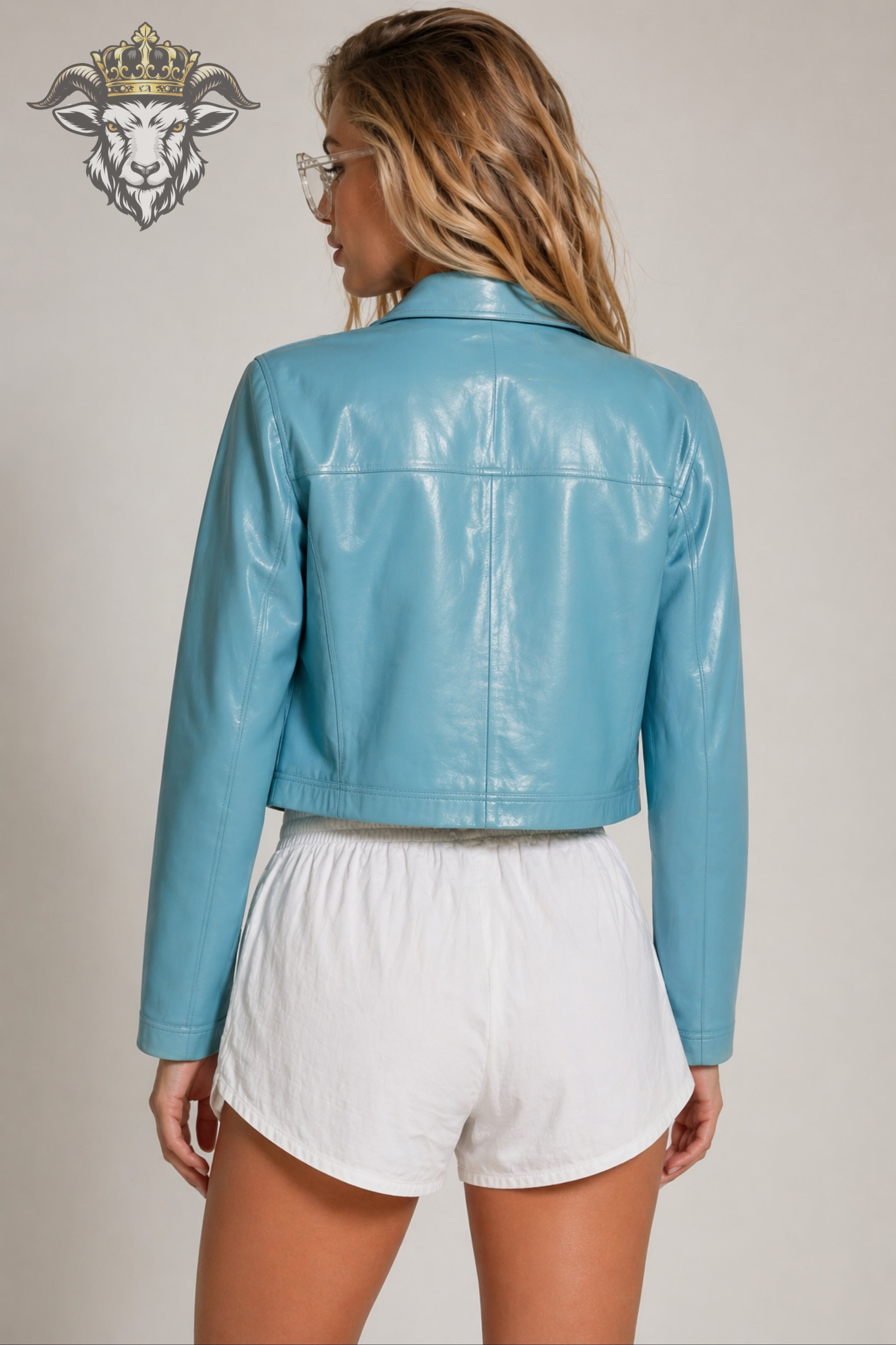 Women’s Cyan Real Leather Cropped Jacket
