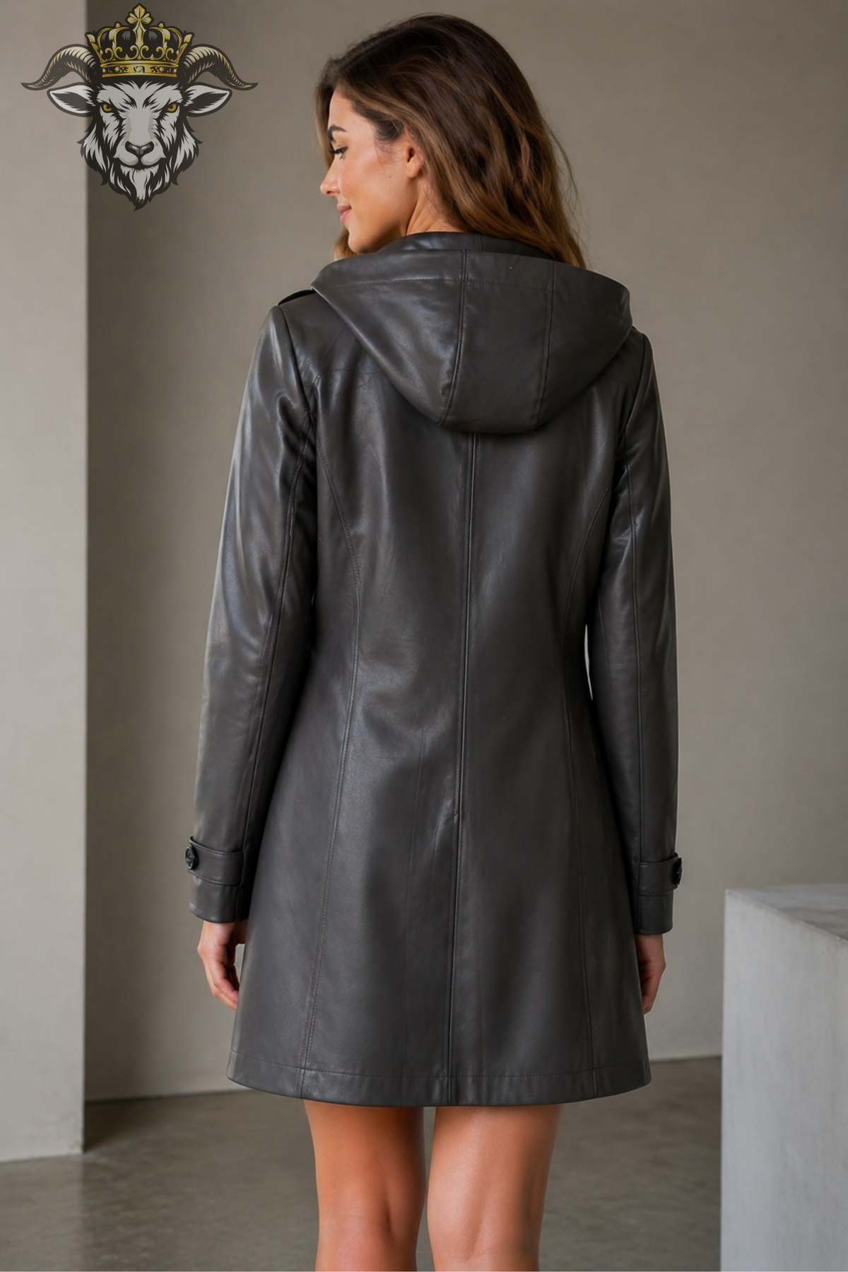 Women's Dark Gray Hooded Leather Coat, Tailored Mid Length Jacket, 3 Button Minimalist Outerwear, Satin Lined Winter Coat